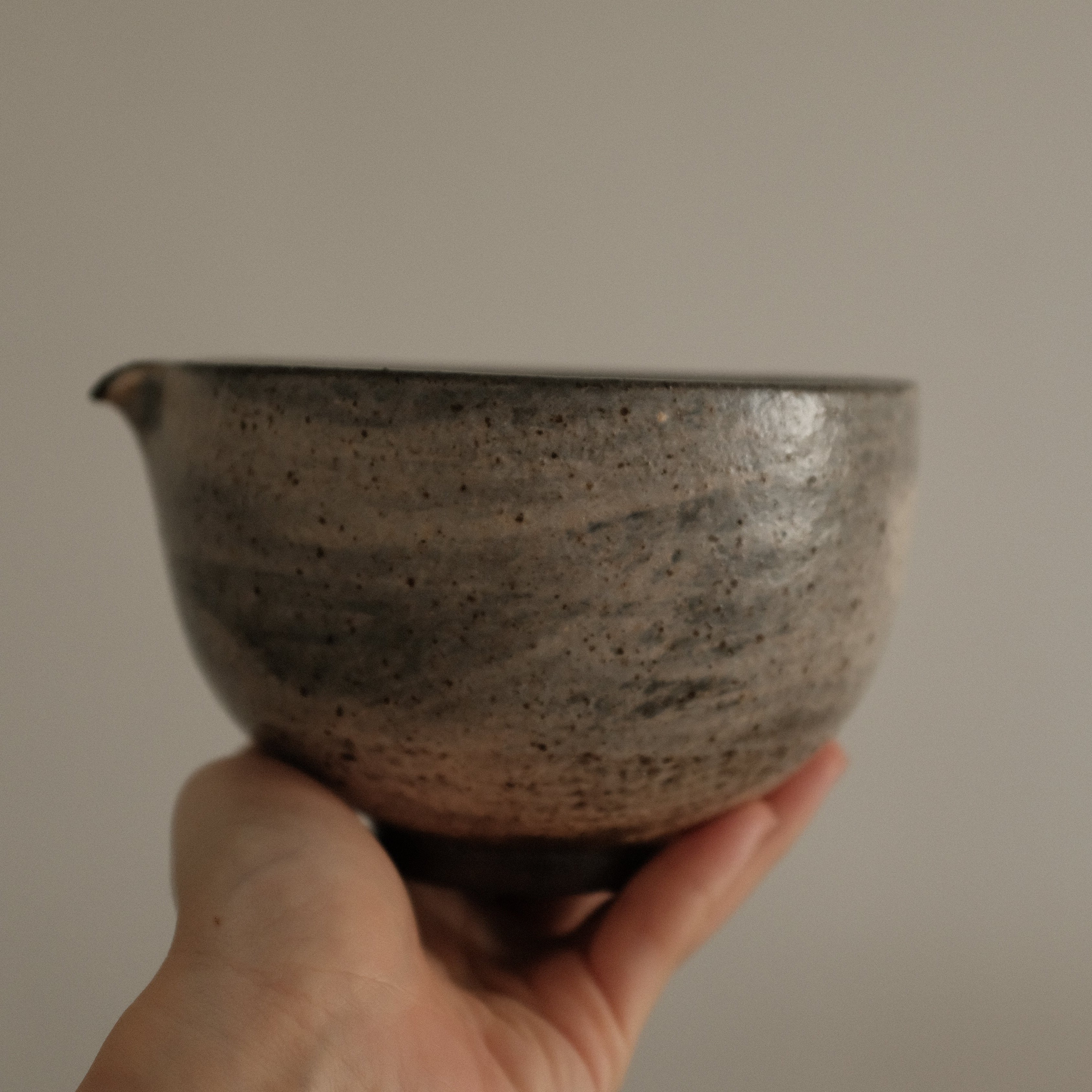 Yuli Handmade Speckled Brown Grey Katakuchi Chawan Matcha Bowl Powdered Glaze Underglazed Stoneware