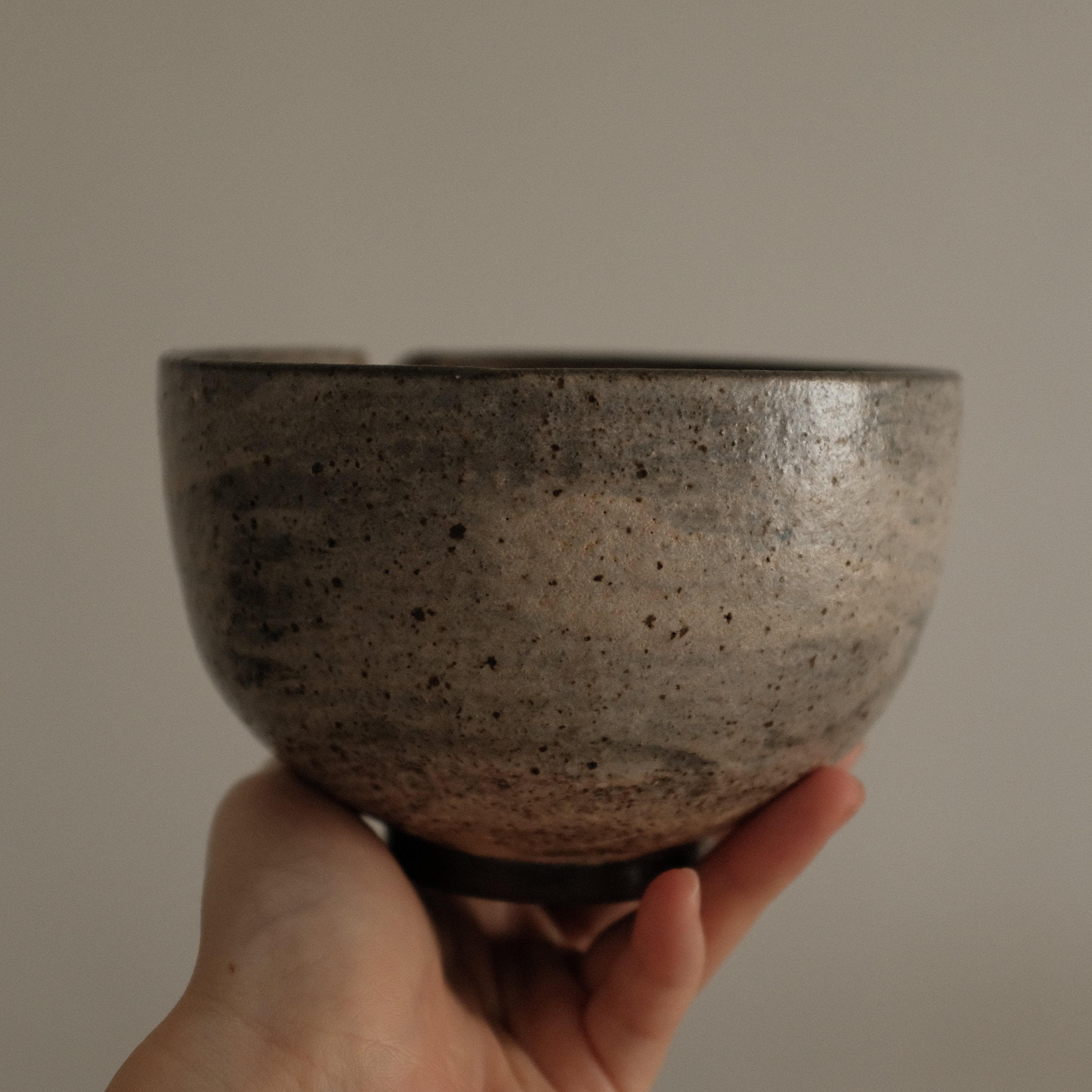 Yuli Handmade Speckled Brown Grey Katakuchi Chawan Matcha Bowl Powdered Glaze Underglazed Stoneware