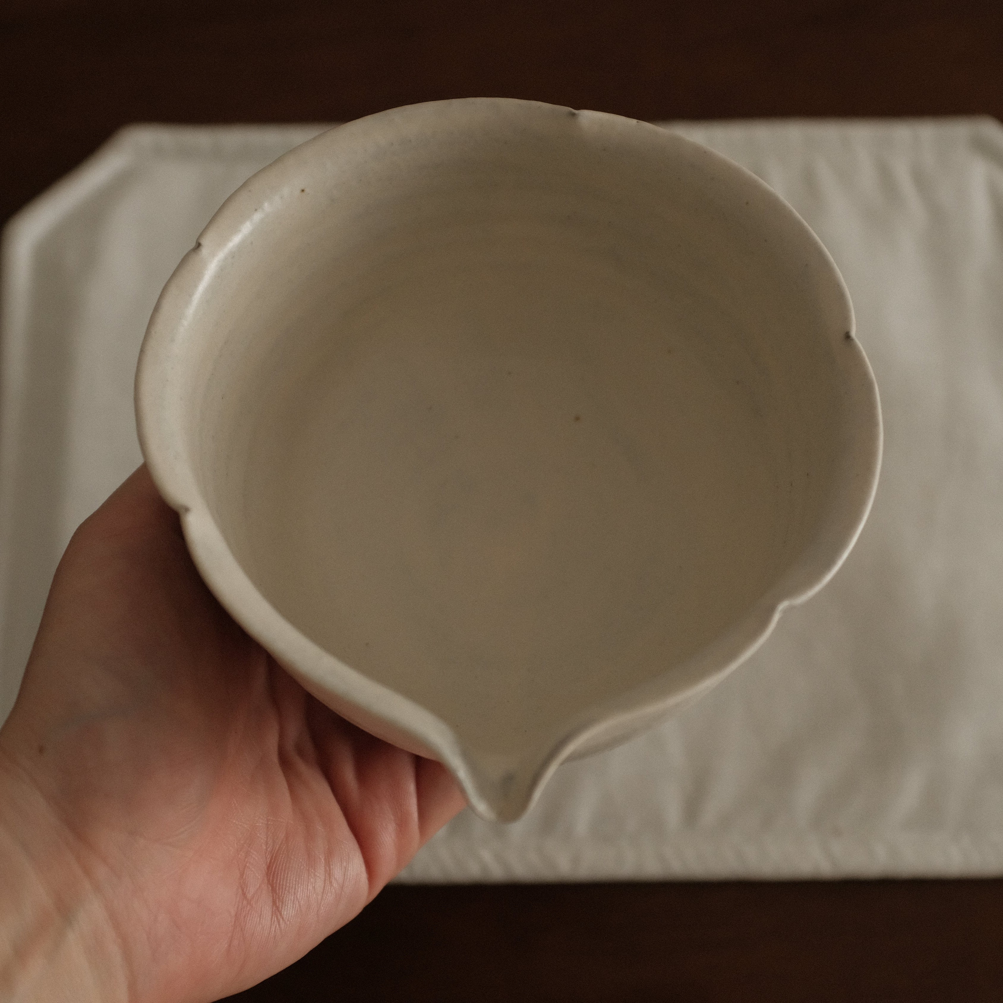 Yuli Handmade Snow White Floral Rim Katakuchi Chawan Matcha Bowl Powdered Glaze Underglazed Stoneware