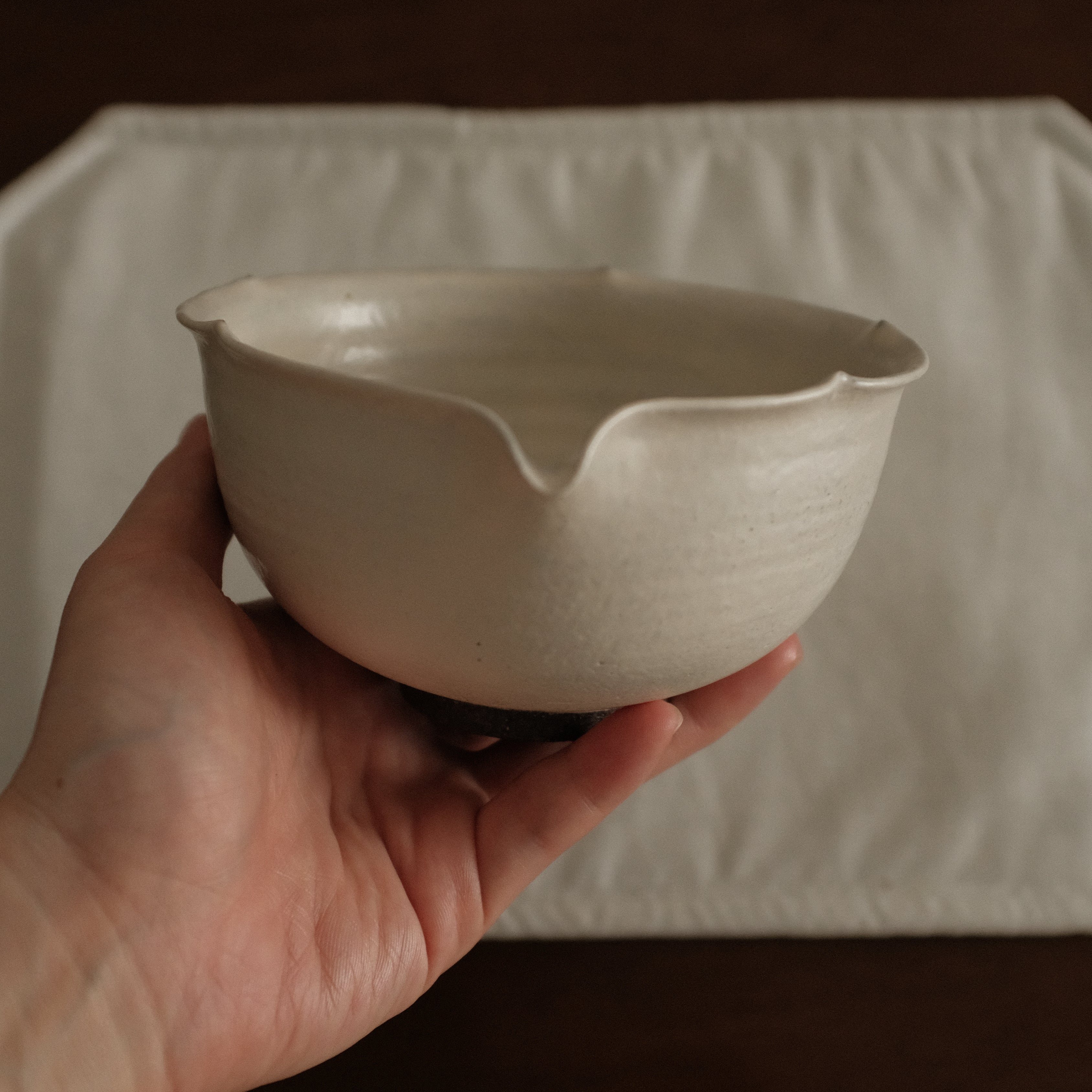Yuli Handmade Snow White Floral Rim Katakuchi Chawan Matcha Bowl Powdered Glaze Underglazed Stoneware