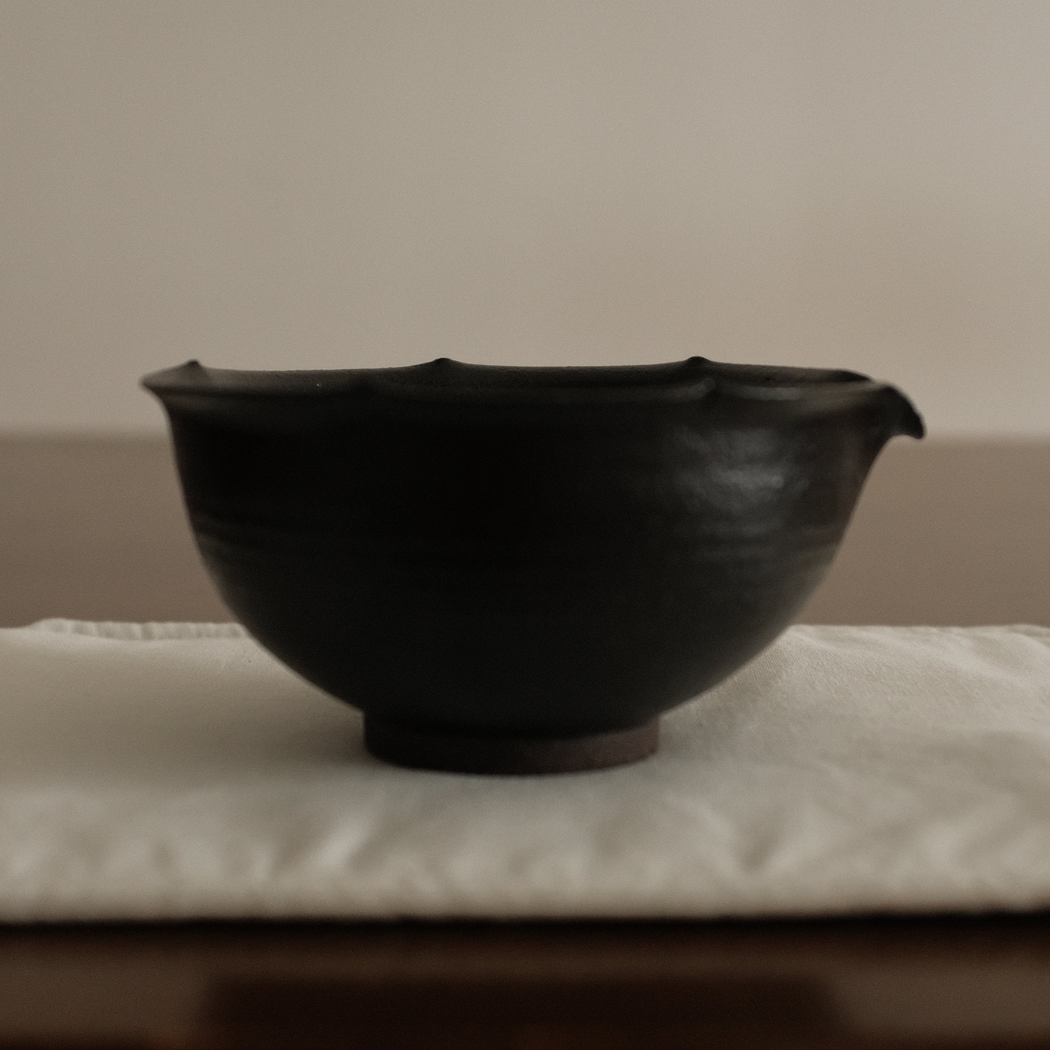 Yuli Handmade Ebony Black Floral Rim Katakuchi Chawan Matcha Bowl Black Glaze Underglazed Stoneware