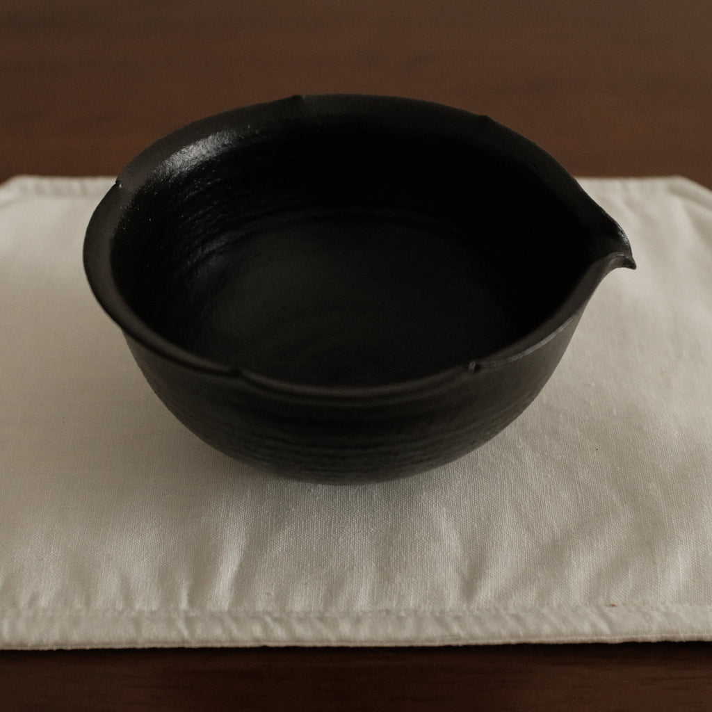 Yuli Handmade Ebony Black Floral Rim Katakuchi Chawan Matcha Bowl Black Glaze Underglazed Stoneware