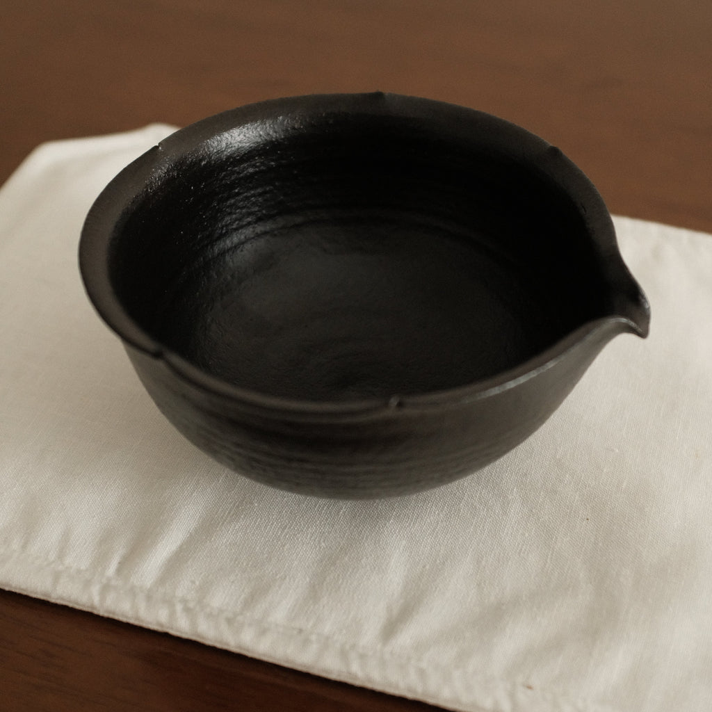 Yuli Handmade Ebony Black Floral Rim Katakuchi Chawan Matcha Bowl Black Glaze Underglazed Stoneware