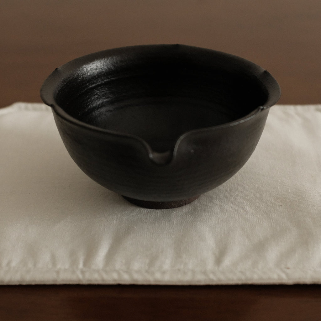 Yuli Handmade Ebony Black Floral Rim Katakuchi Chawan Matcha Bowl Black Glaze Underglazed Stoneware