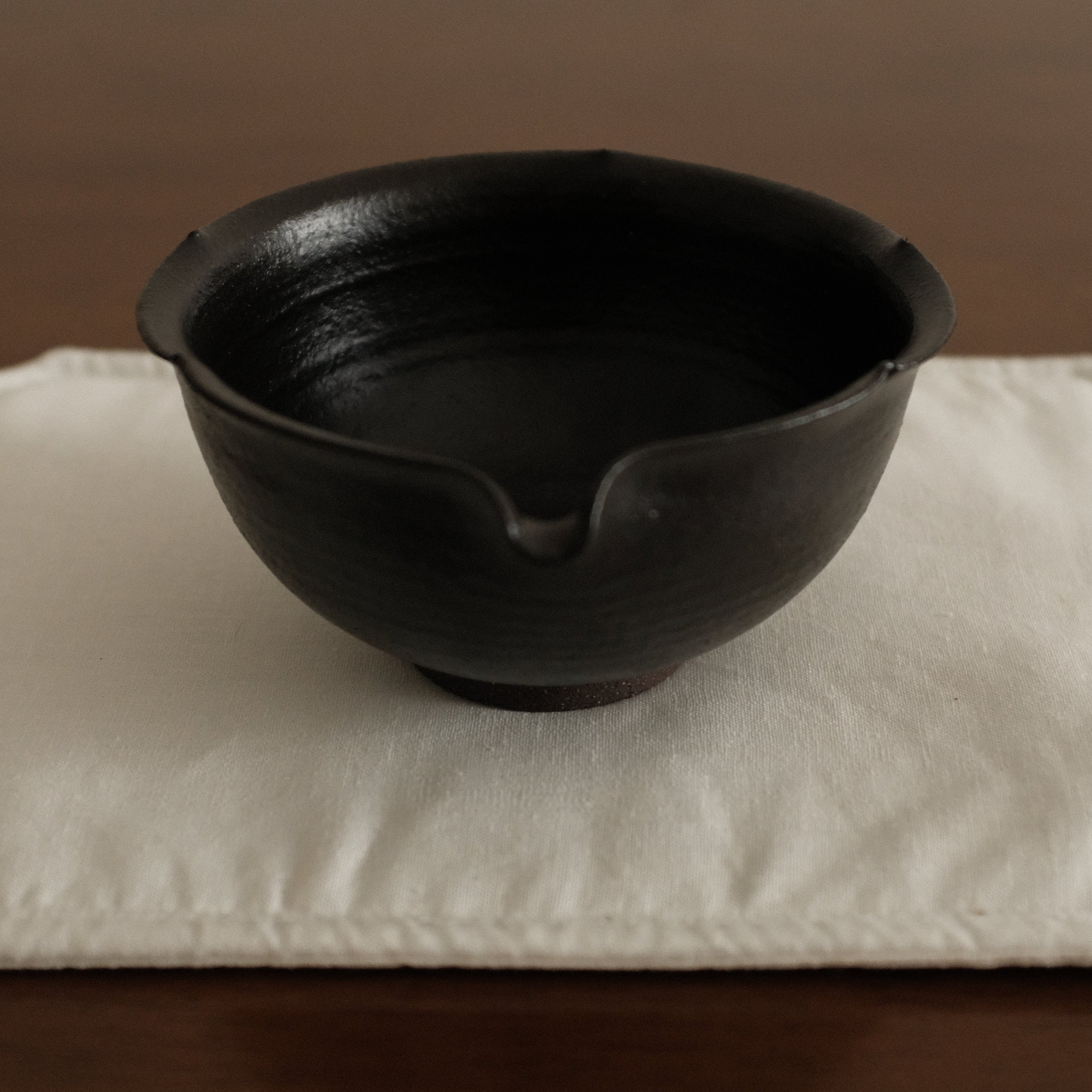Yuli Handmade Ebony Black Floral Rim Katakuchi Chawan Matcha Bowl Black Glaze Underglazed Stoneware