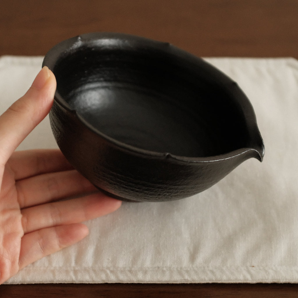 Yuli Handmade Ebony Black Floral Rim Katakuchi Chawan Matcha Bowl Black Glaze Underglazed Stoneware