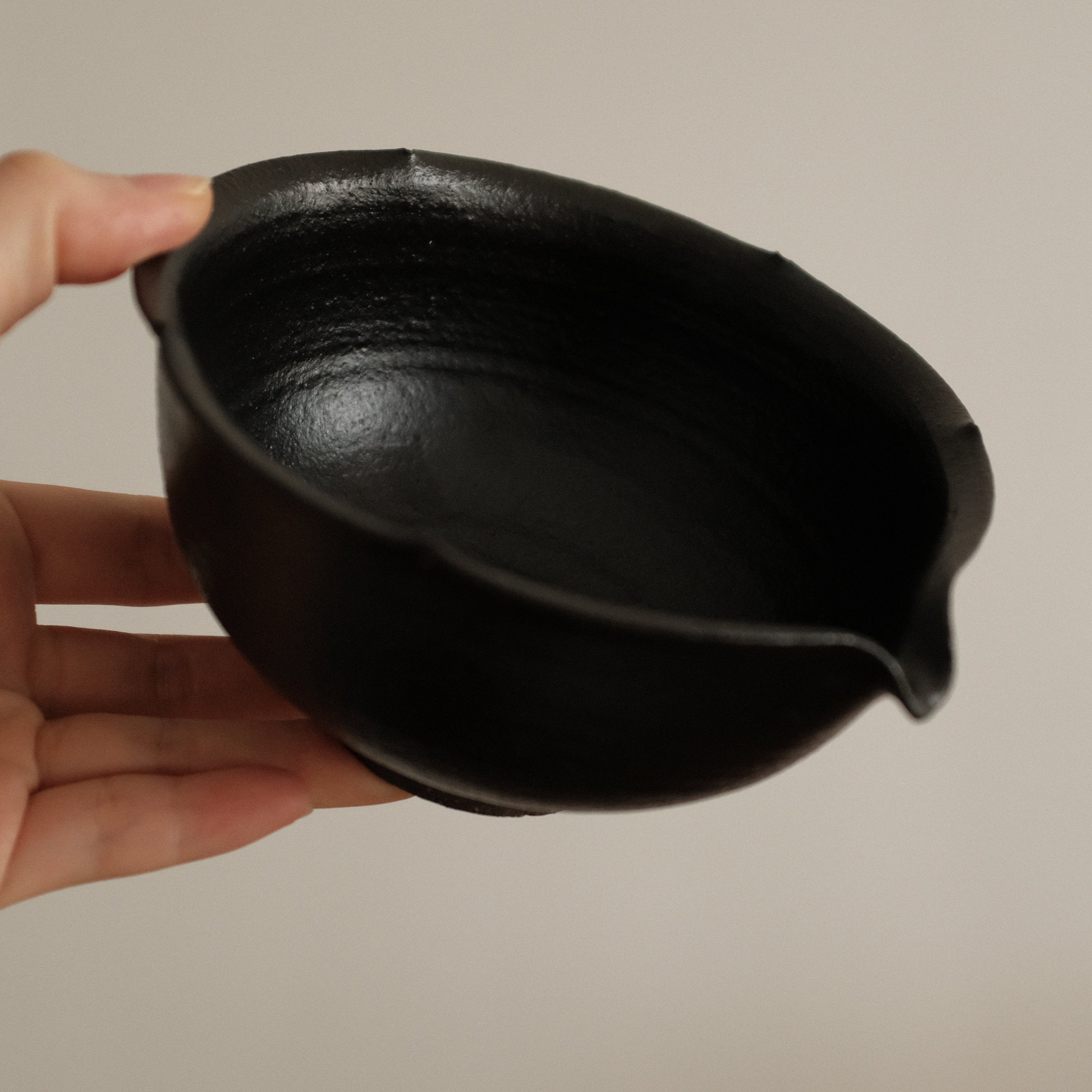 Yuli Handmade Ebony Black Floral Rim Katakuchi Chawan Matcha Bowl Black Glaze Underglazed Stoneware