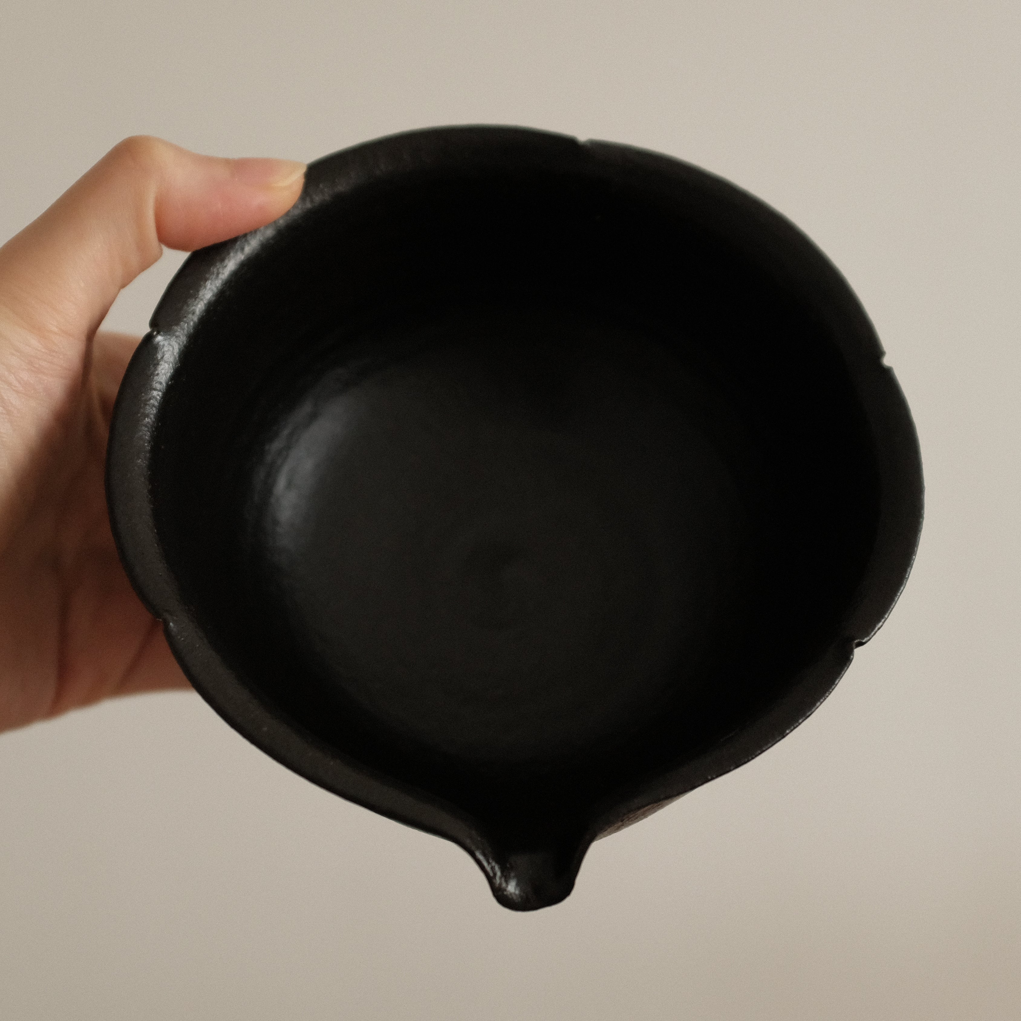 Yuli Handmade Ebony Black Floral Rim Katakuchi Chawan Matcha Bowl Black Glaze Underglazed Stoneware