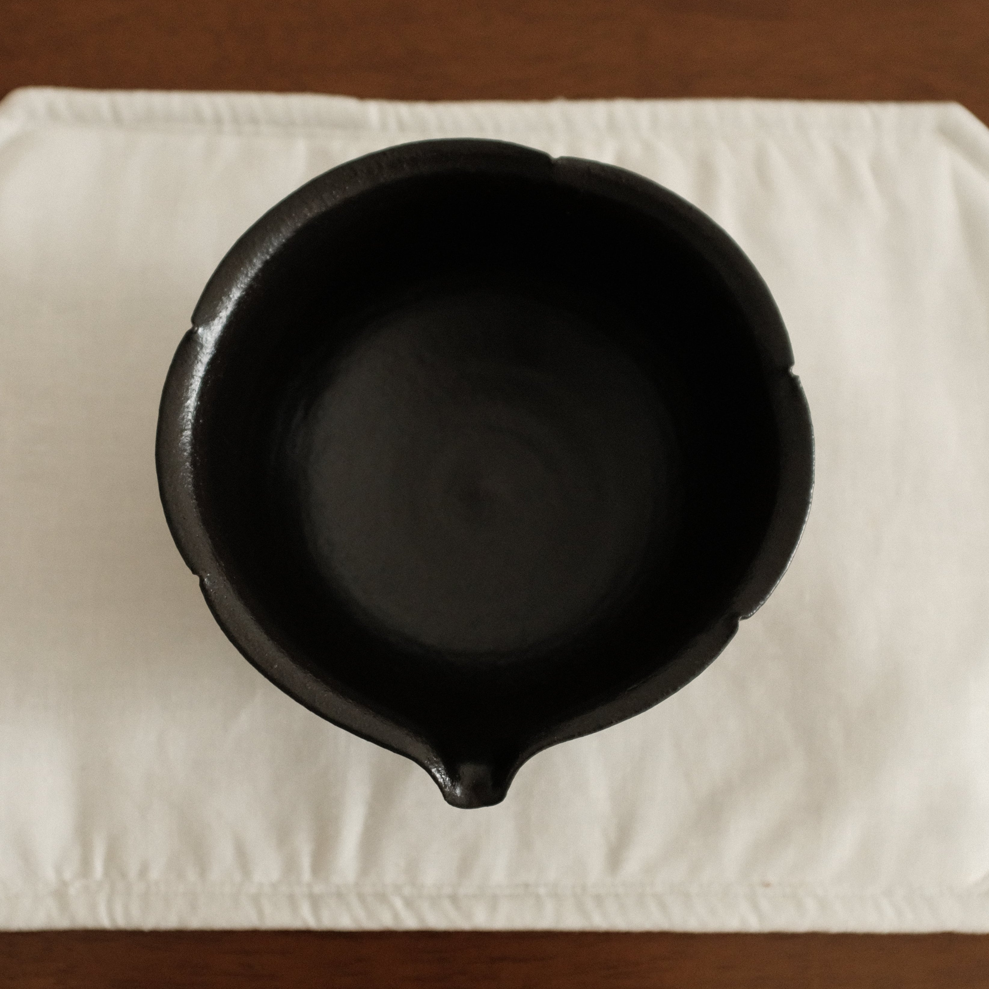 Yuli Handmade Ebony Black Floral Rim Katakuchi Chawan Matcha Bowl Black Glaze Underglazed Stoneware