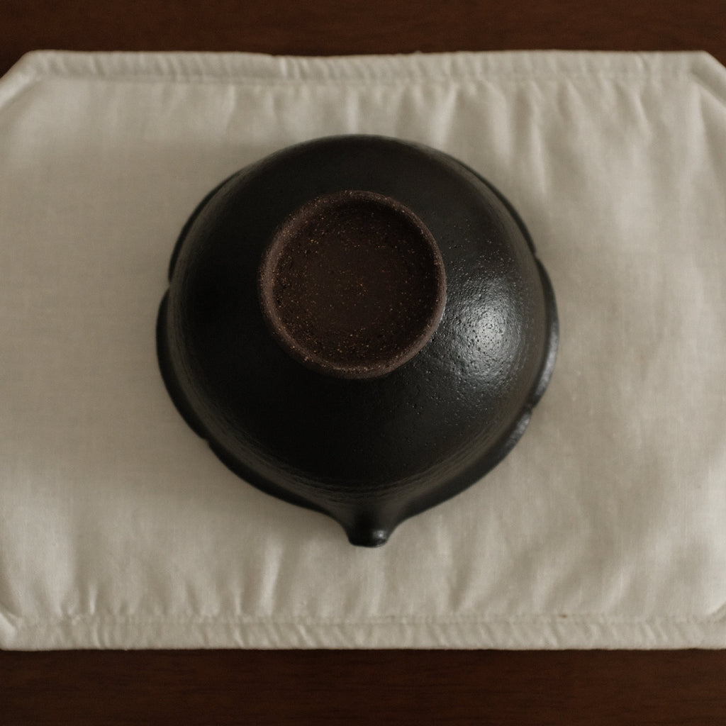 Yuli Handmade Ebony Black Floral Rim Katakuchi Chawan Matcha Bowl Black Glaze Underglazed Stoneware