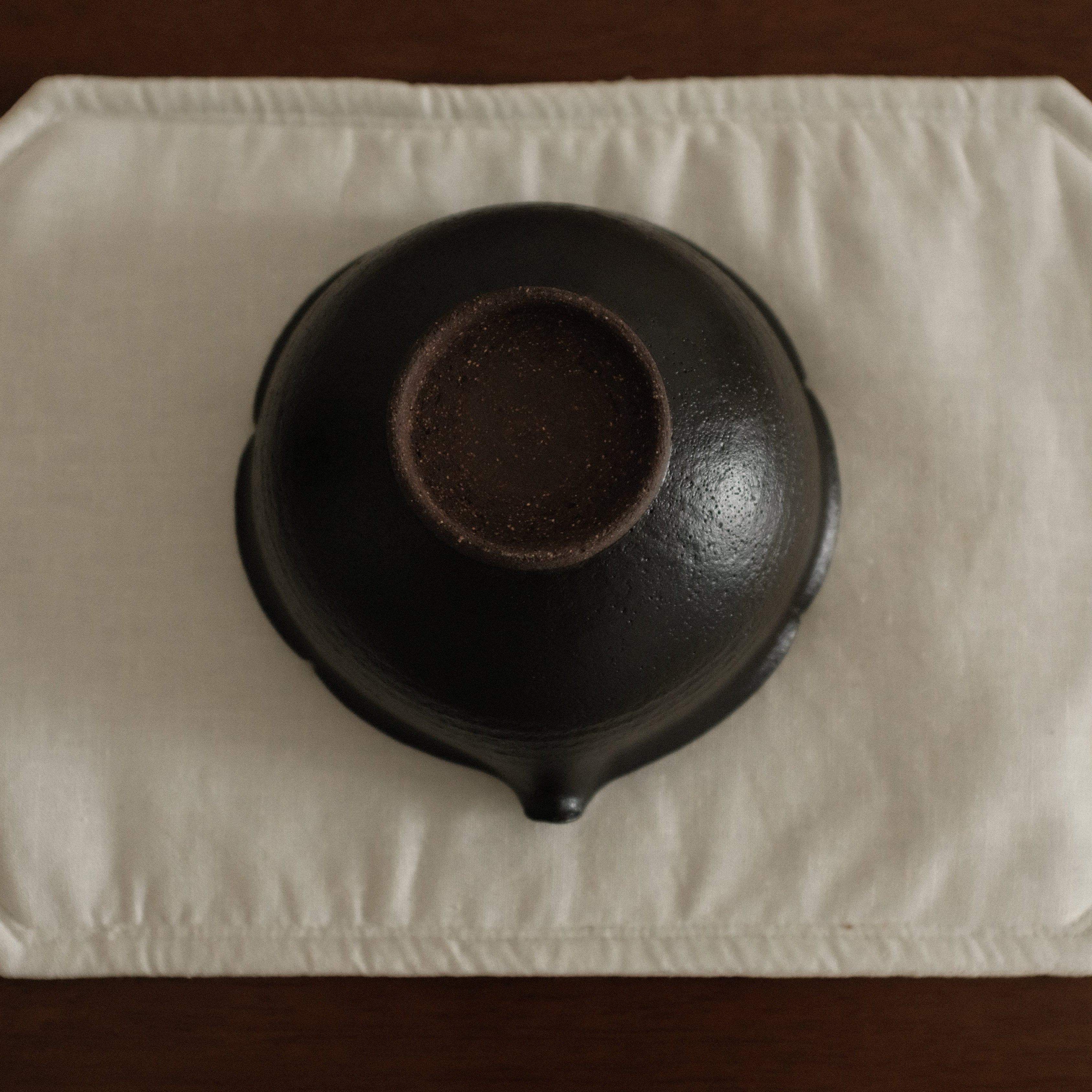 Yuli Handmade Ebony Black Floral Rim Katakuchi Chawan Matcha Bowl Black Glaze Underglazed Stoneware
