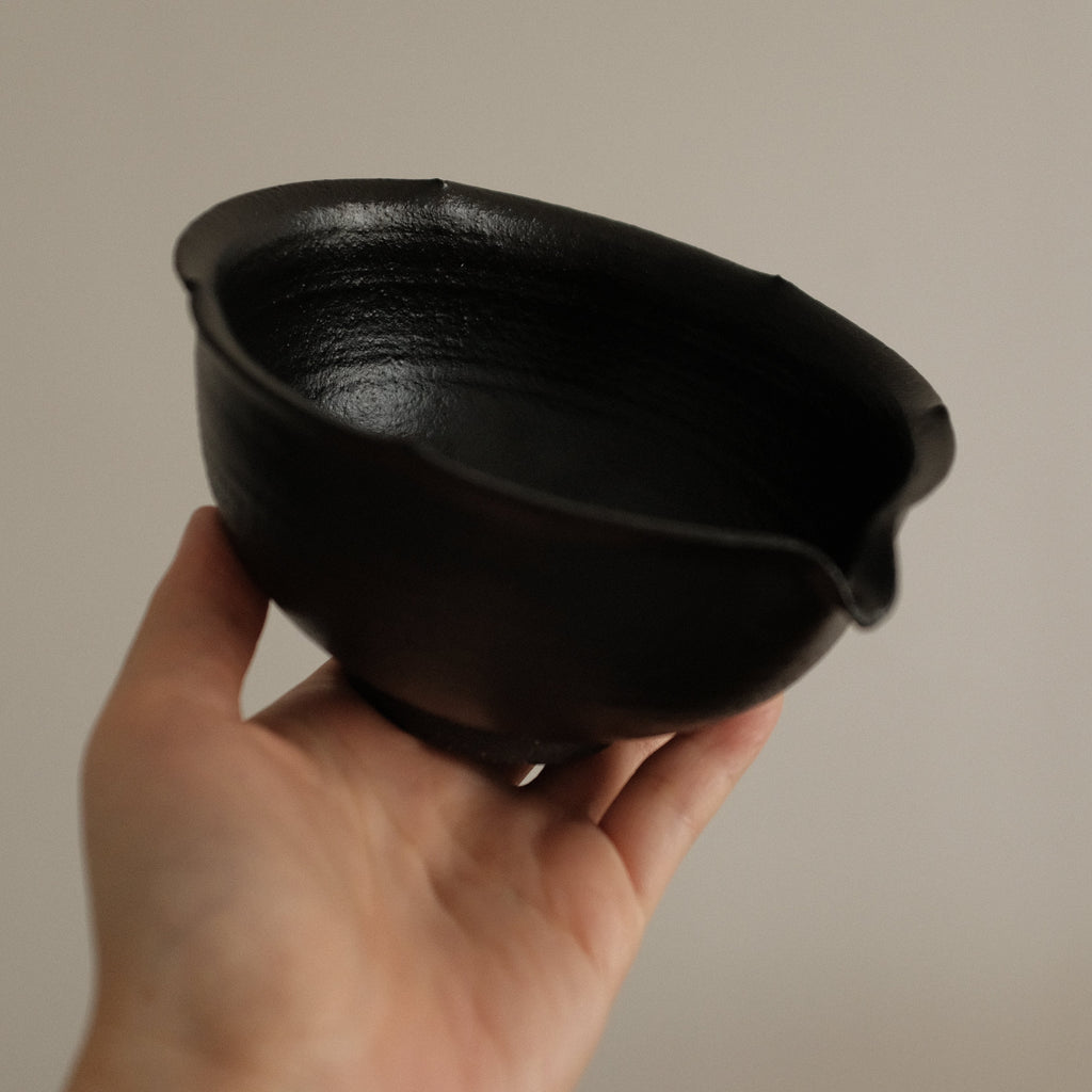 Yuli Handmade Ebony Black Floral Rim Katakuchi Chawan Matcha Bowl Black Glaze Underglazed Stoneware