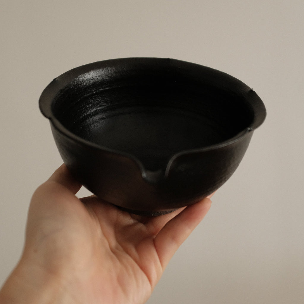 Yuli Handmade Ebony Black Floral Rim Katakuchi Chawan Matcha Bowl Black Glaze Underglazed Stoneware