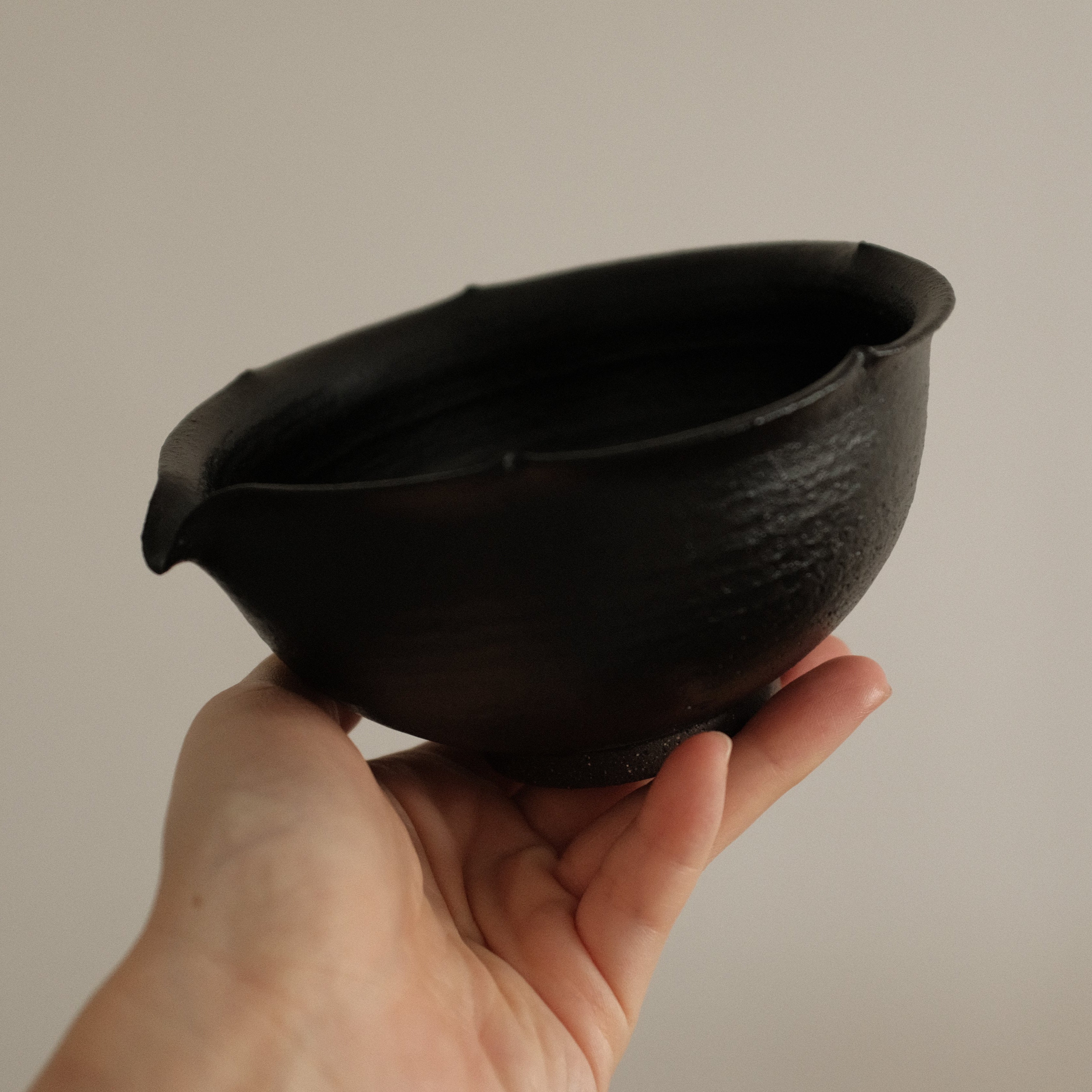 Yuli Handmade Ebony Black Floral Rim Katakuchi Chawan Matcha Bowl Black Glaze Underglazed Stoneware