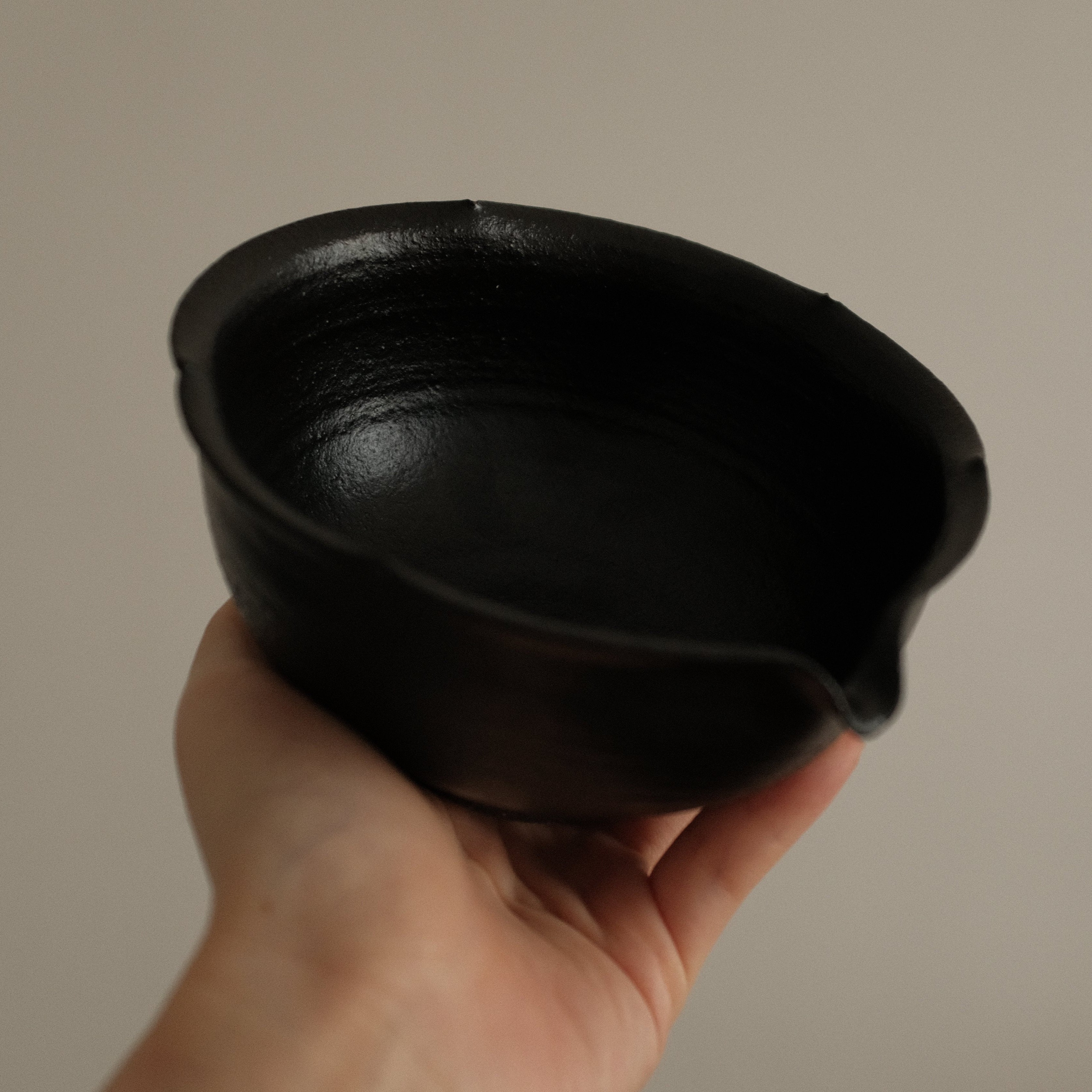 Yuli Handmade Ebony Black Floral Rim Katakuchi Chawan Matcha Bowl Black Glaze Underglazed Stoneware