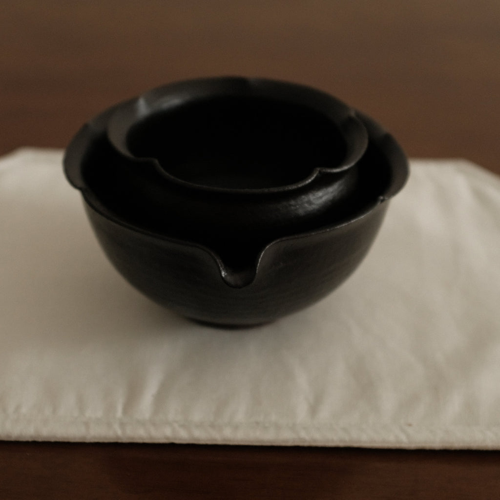 Yuli Handmade Ebony Black Floral Rim Katakuchi Chawan Matcha Bowl Black Glaze Underglazed Stoneware