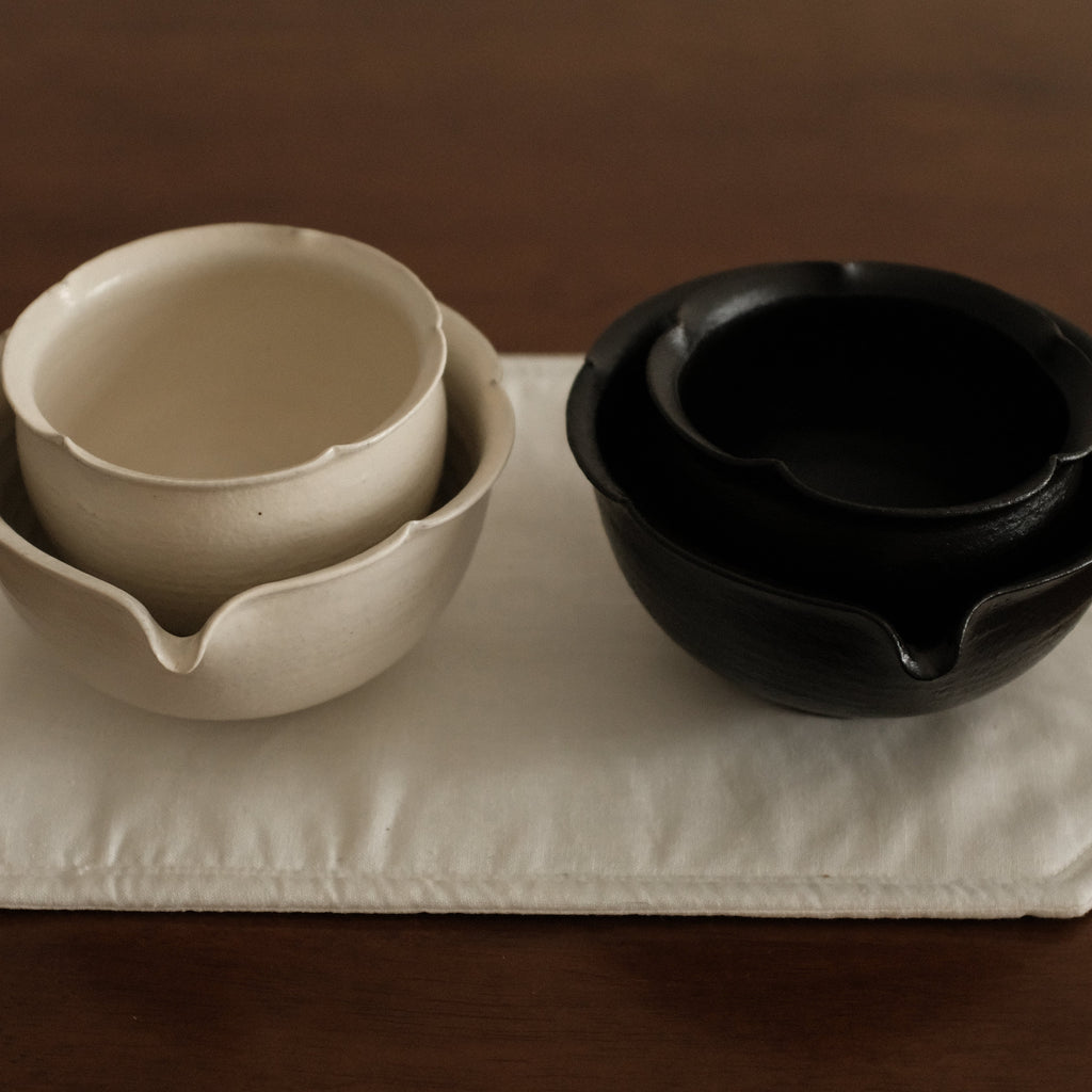 Yuli Handmade Ebony Black Floral Rim Katakuchi Chawan Matcha Bowl Black Glaze Underglazed Stoneware