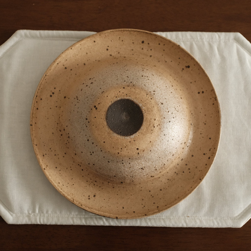 Yuli Handmade Speckled Beige Rolled Rim Deep Plate Dish Powdered Glaze Underglazed Stoneware