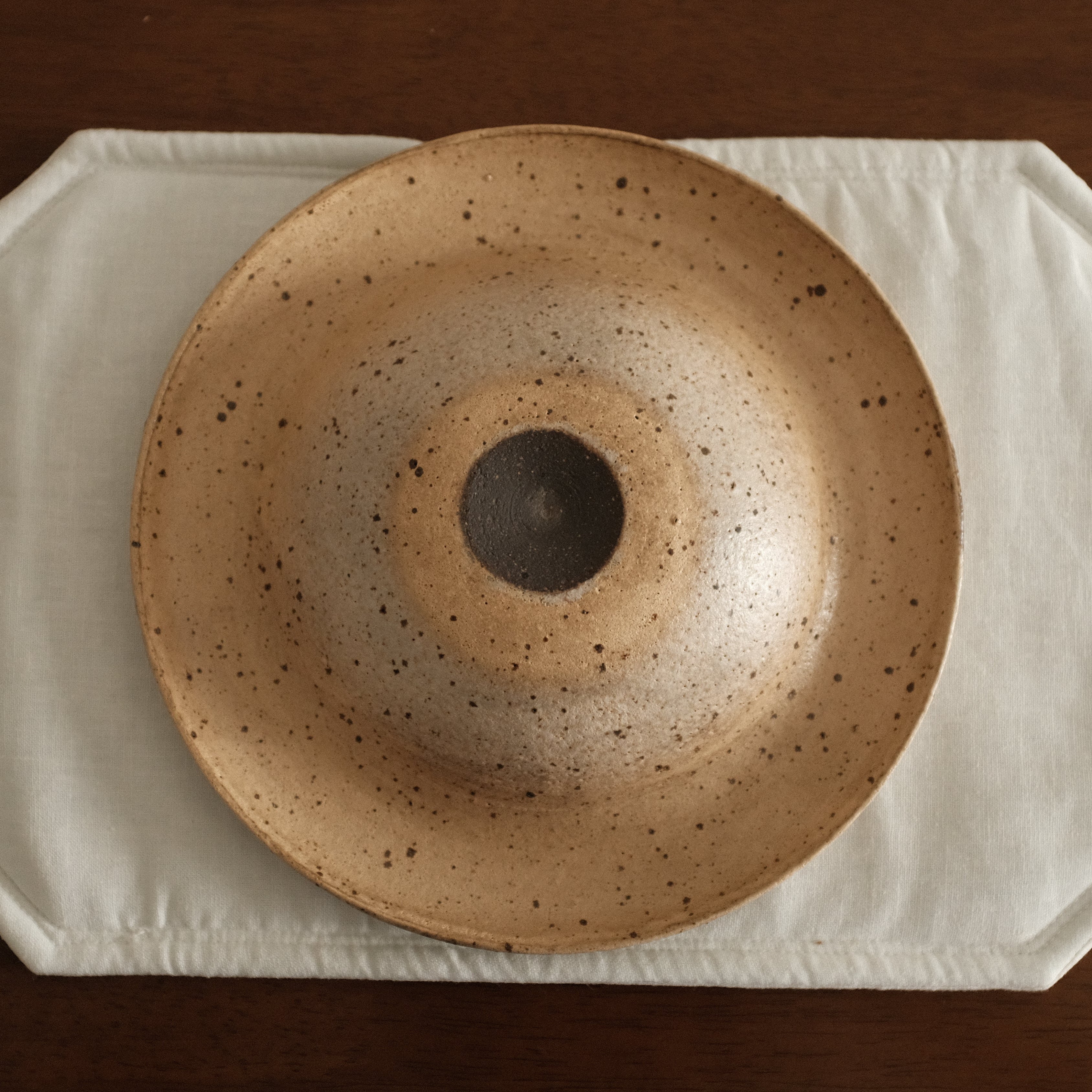 Yuli Handmade Speckled Beige Rolled Rim Deep Plate Dish Powdered Glaze Underglazed Stoneware