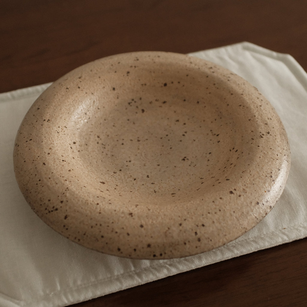 Yuli Handmade Speckled Beige Rolled Rim Deep Plate Dish Powdered Glaze Underglazed Stoneware