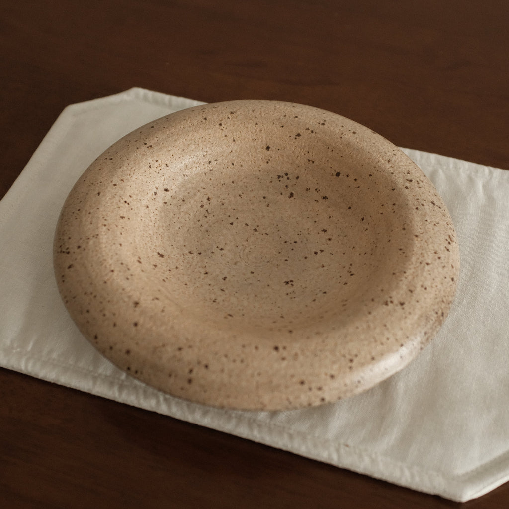 Yuli Handmade Speckled Beige Rolled Rim Deep Plate Dish Powdered Glaze Underglazed Stoneware