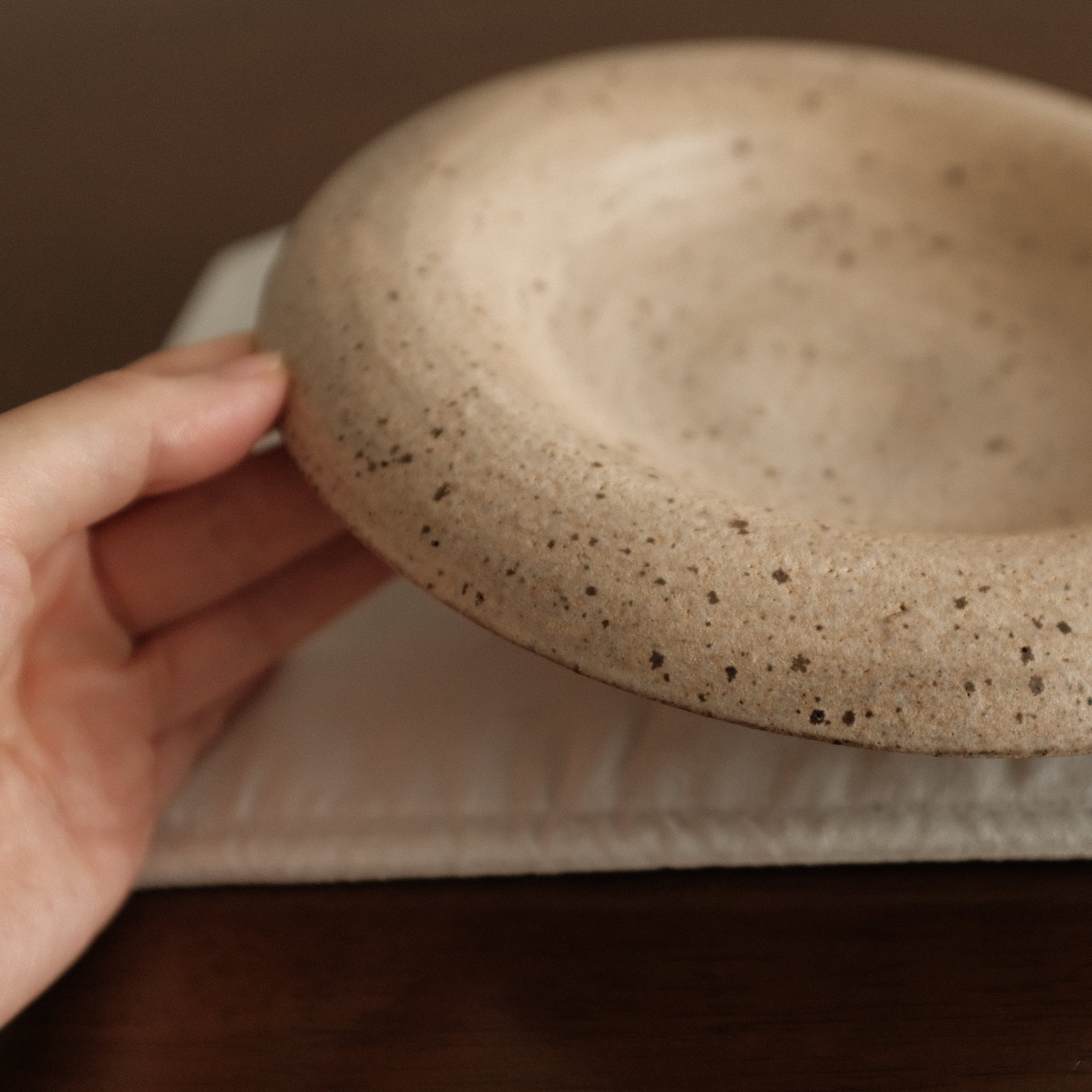 Yuli Handmade Speckled Beige Rolled Rim Deep Plate Dish Powdered Glaze Underglazed Stoneware