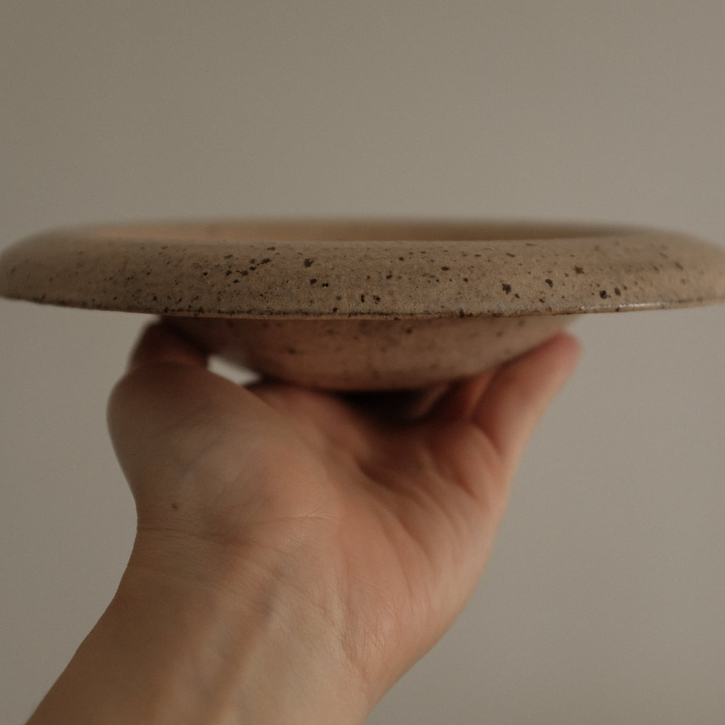 Yuli Handmade Speckled Beige Rolled Rim Deep Plate Dish Powdered Glaze Underglazed Stoneware