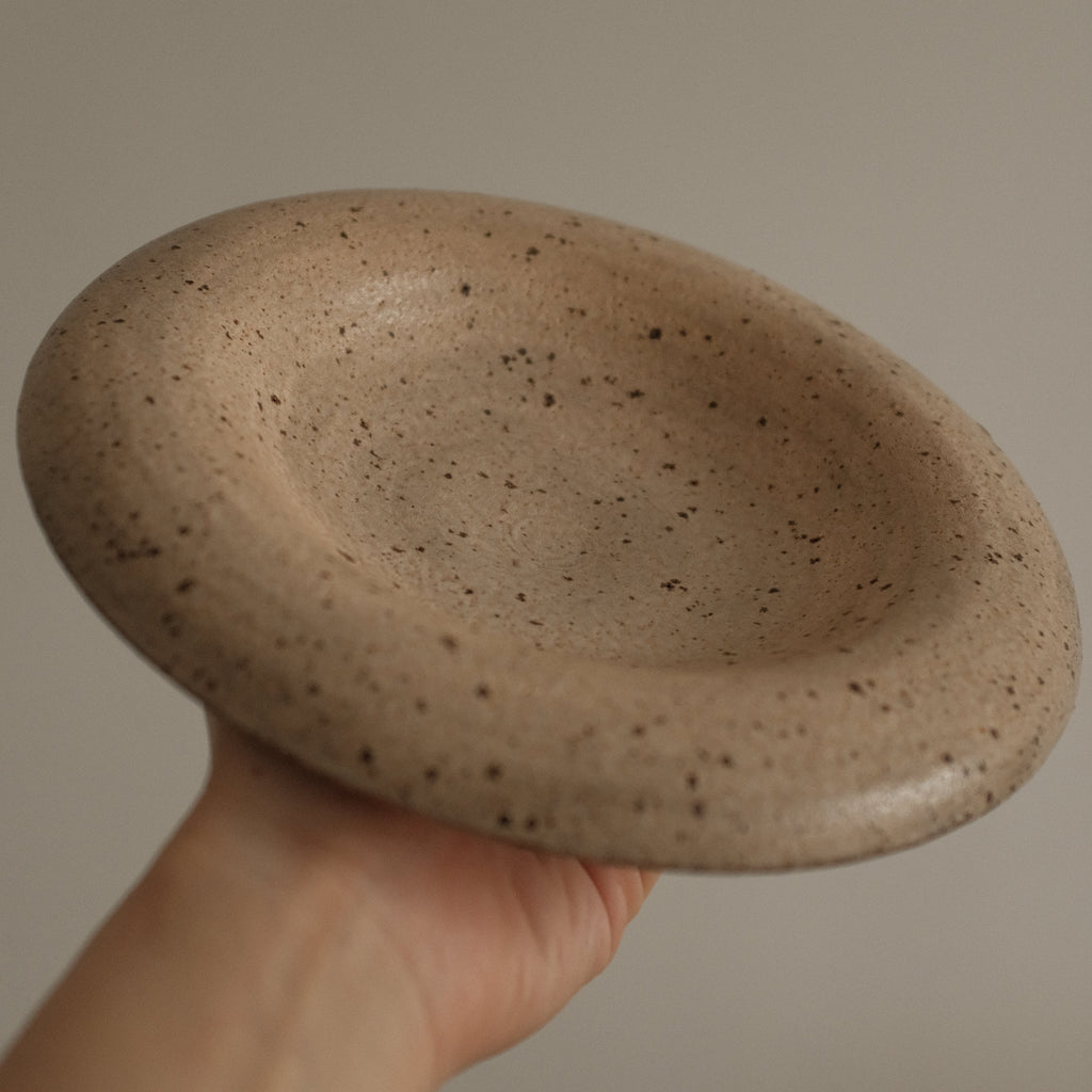 Yuli Handmade Speckled Beige Rolled Rim Deep Plate Dish Powdered Glaze Underglazed Stoneware