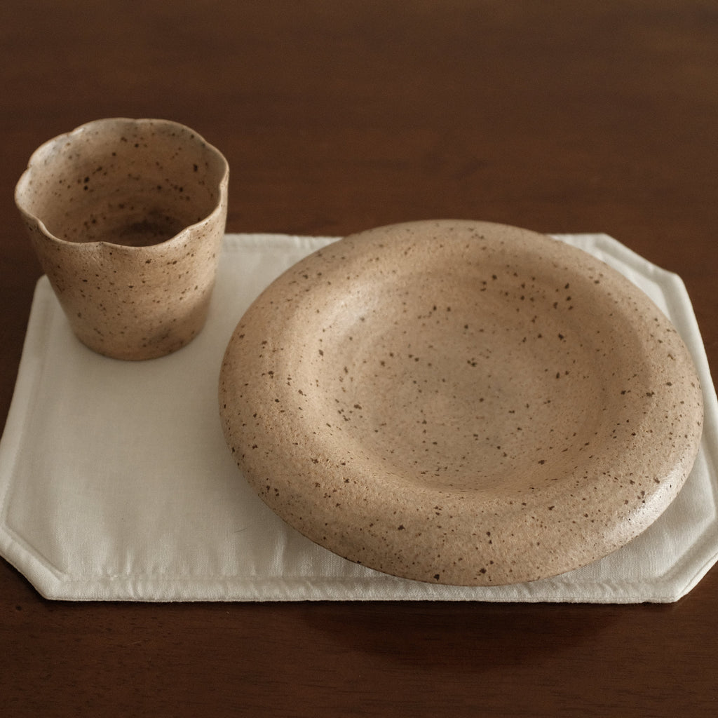 Yuli Handmade Speckled Beige Rolled Rim Deep Plate Dish Powdered Glaze Underglazed Stoneware