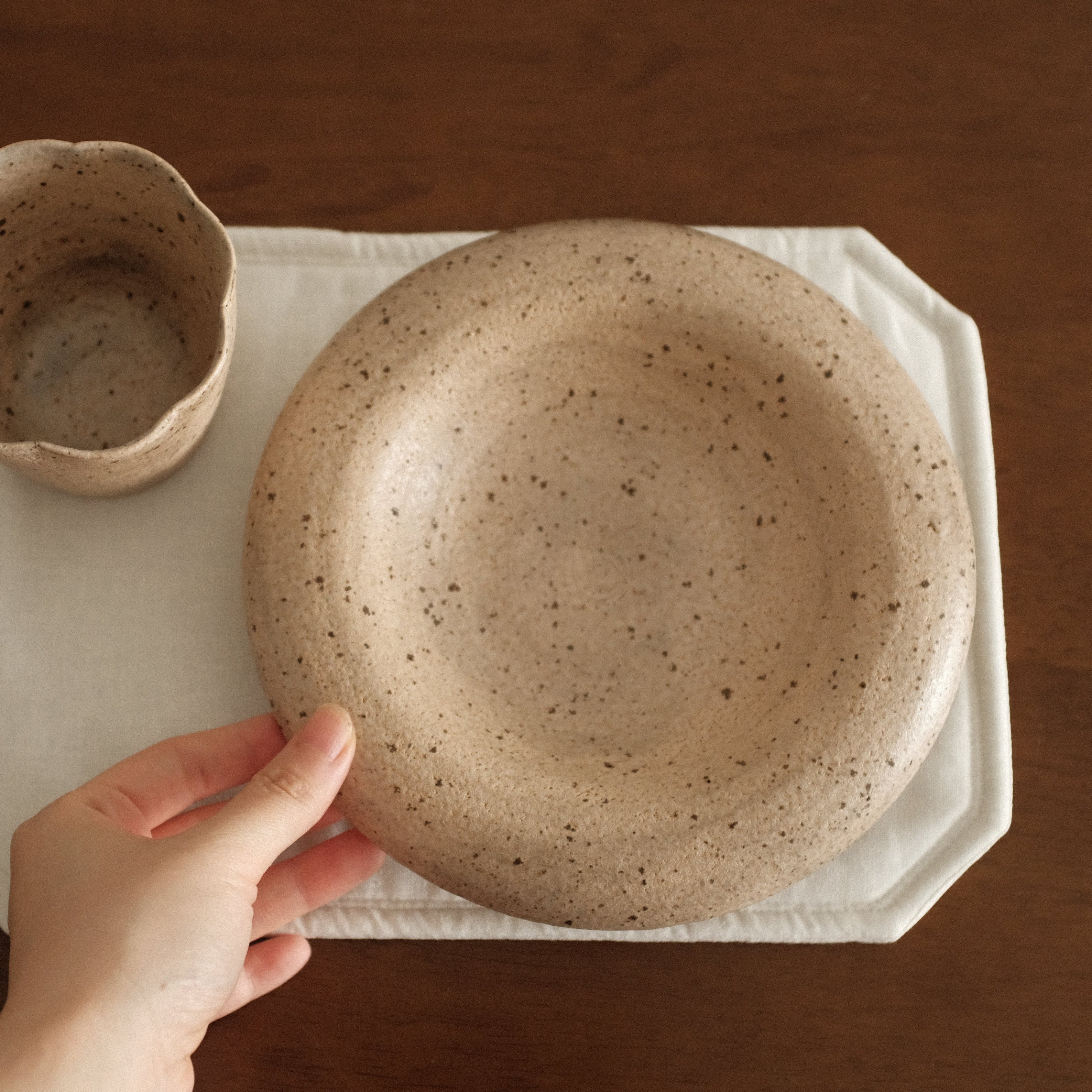 Yuli Handmade Speckled Beige Rolled Rim Deep Plate Dish Powdered Glaze Underglazed Stoneware