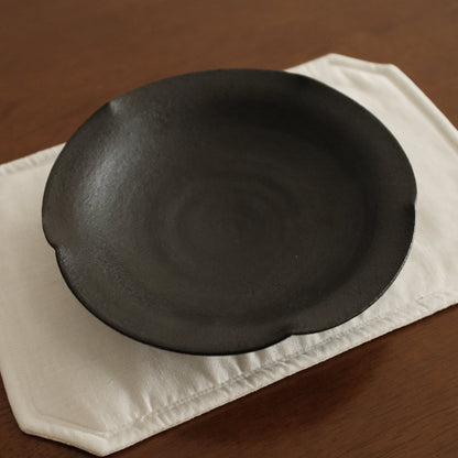 Yu Li Handmade Ebony Black Floral Rim Plate Dish Black Glaze Underglazed Stoneware