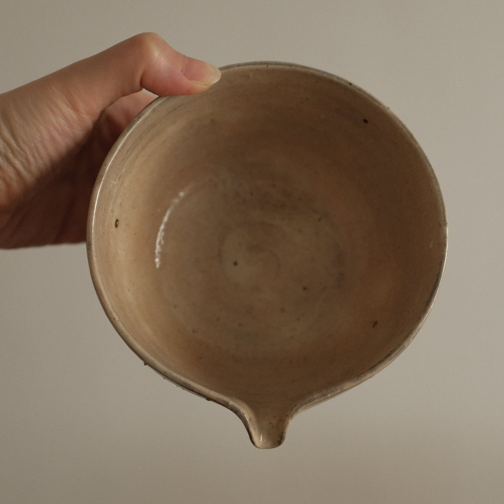 Hand holding a brown ceramic bowl against a plain background