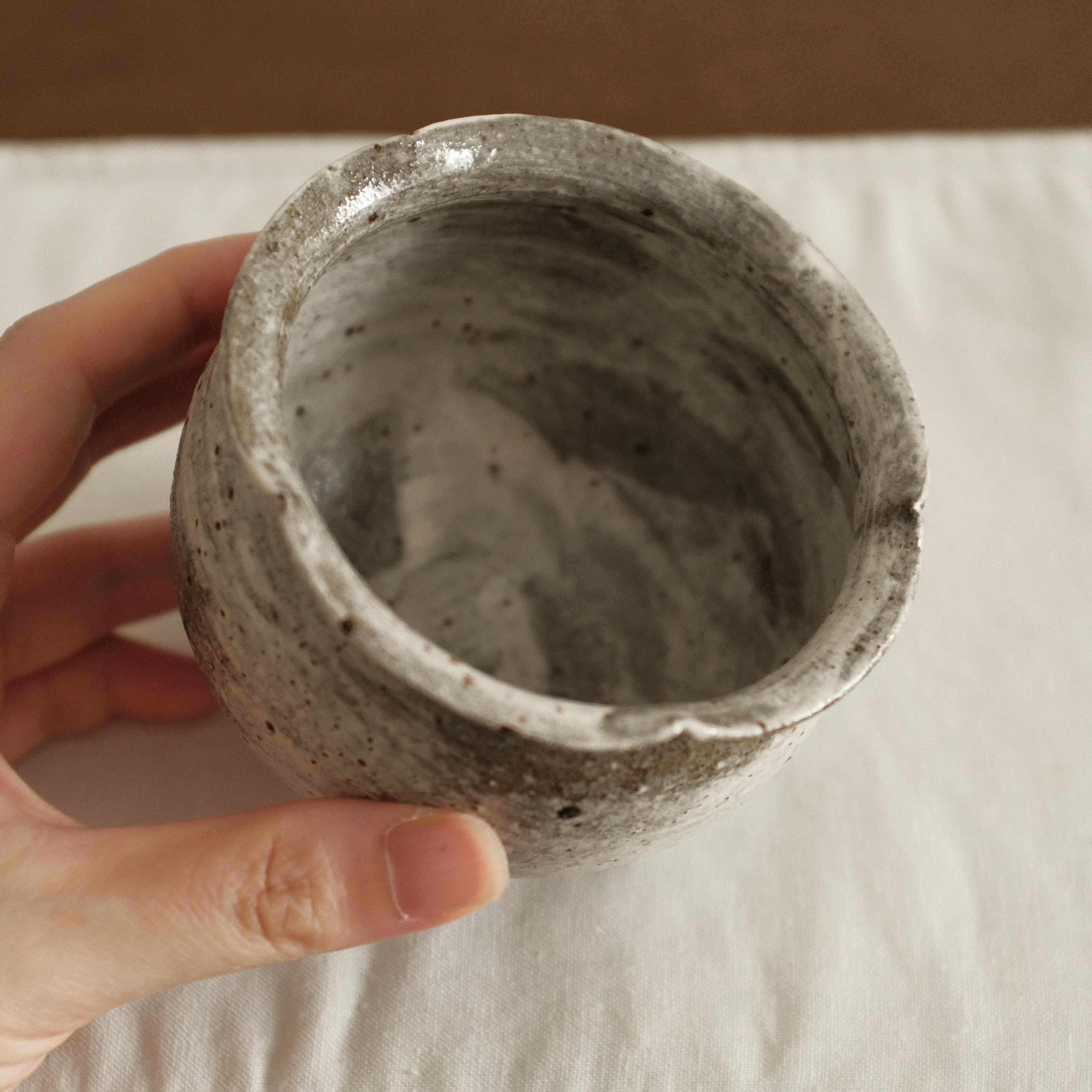 Yuli Handmade Speckled Dark Grey White Floral Rim Cup Powdered Glaze Underglazed Stoneware