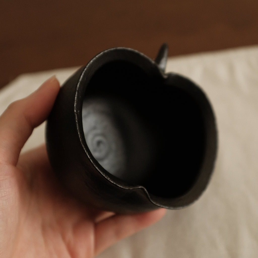 Yuli Handmade Ebony Black Apple Cup Bowl Black Glaze Underglaze Stoneware
