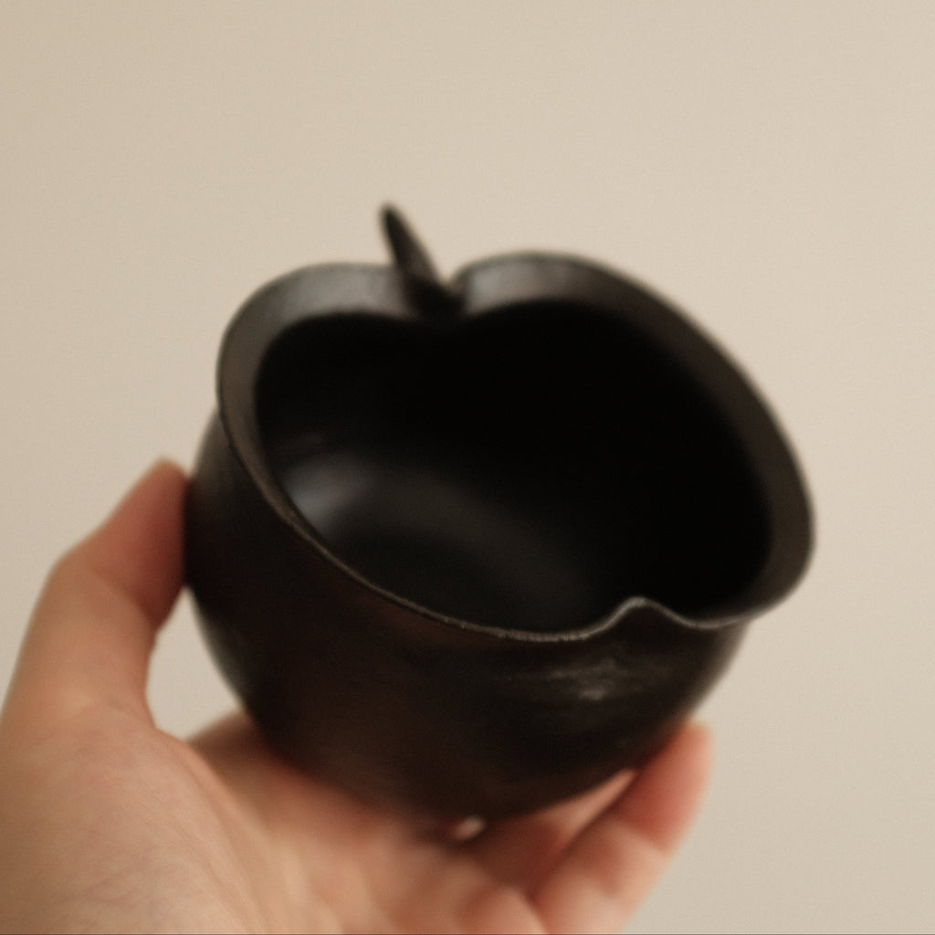 Yuli Handmade Ebony Black Apple Cup Bowl Black Glaze Underglaze Stoneware