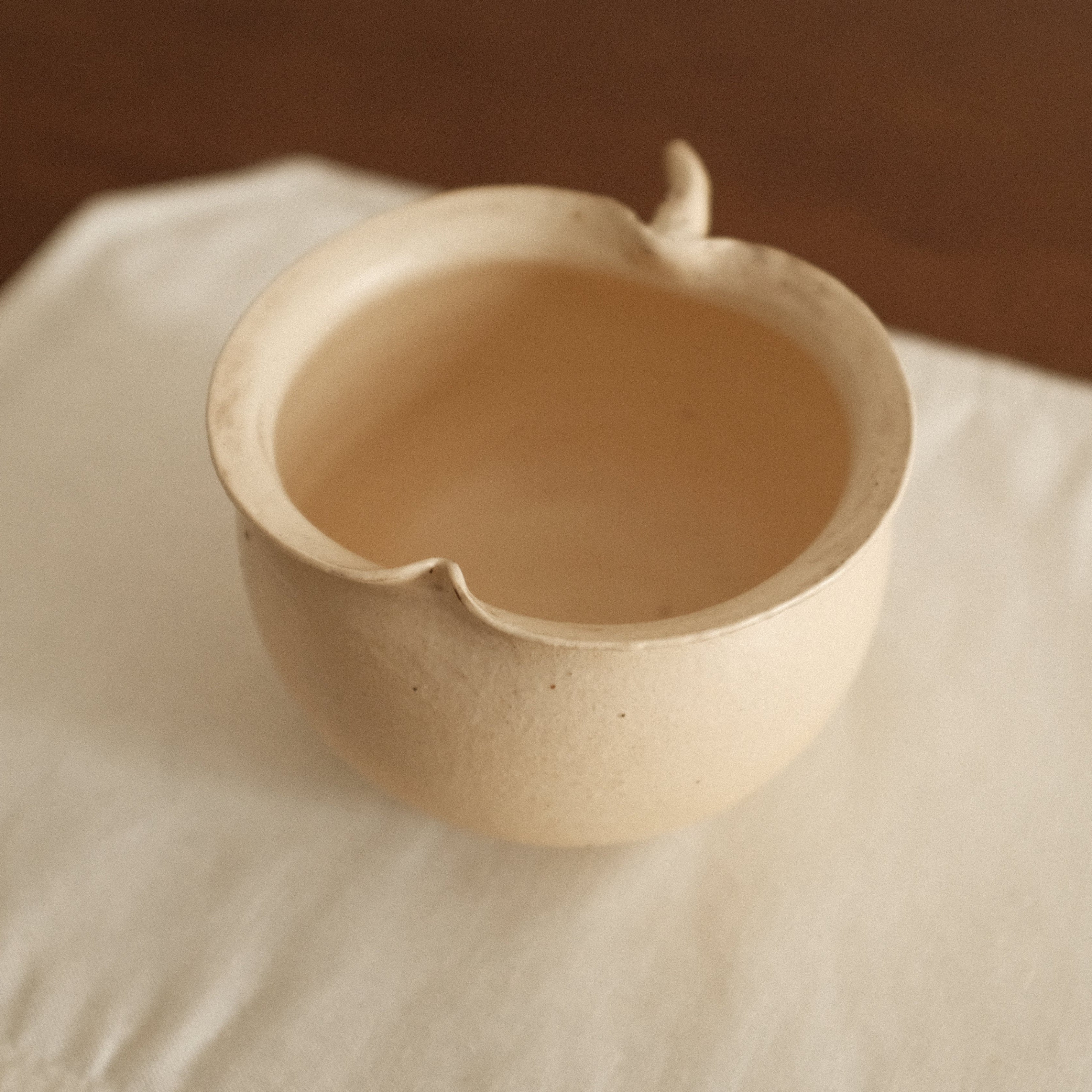 Yuli Handmade Cream Beige Apple Cup Bowl Powdered Glaze Underglaze Stoneware