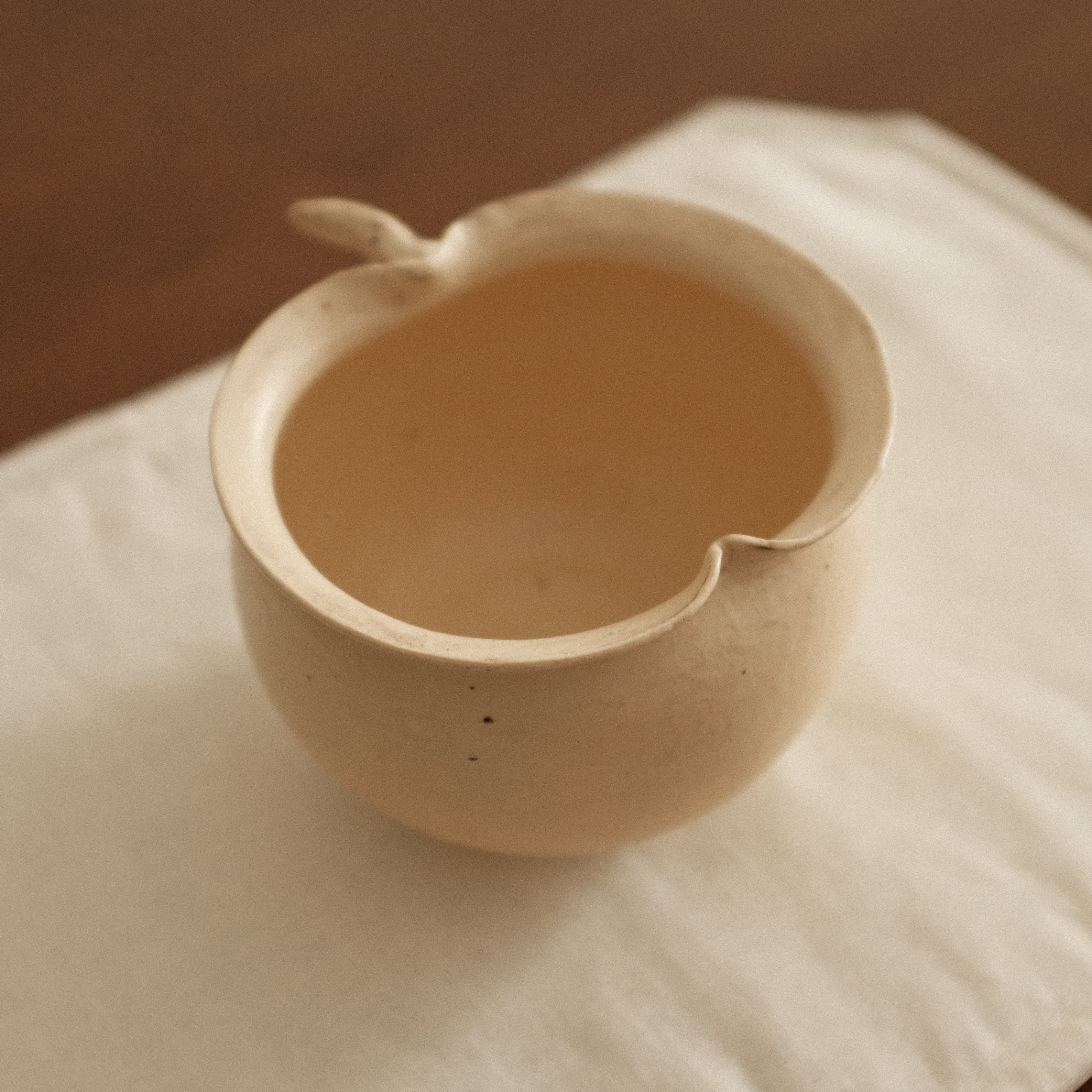Yuli Handmade Cream Beige Apple Cup Bowl Powdered Glaze Underglaze Stoneware