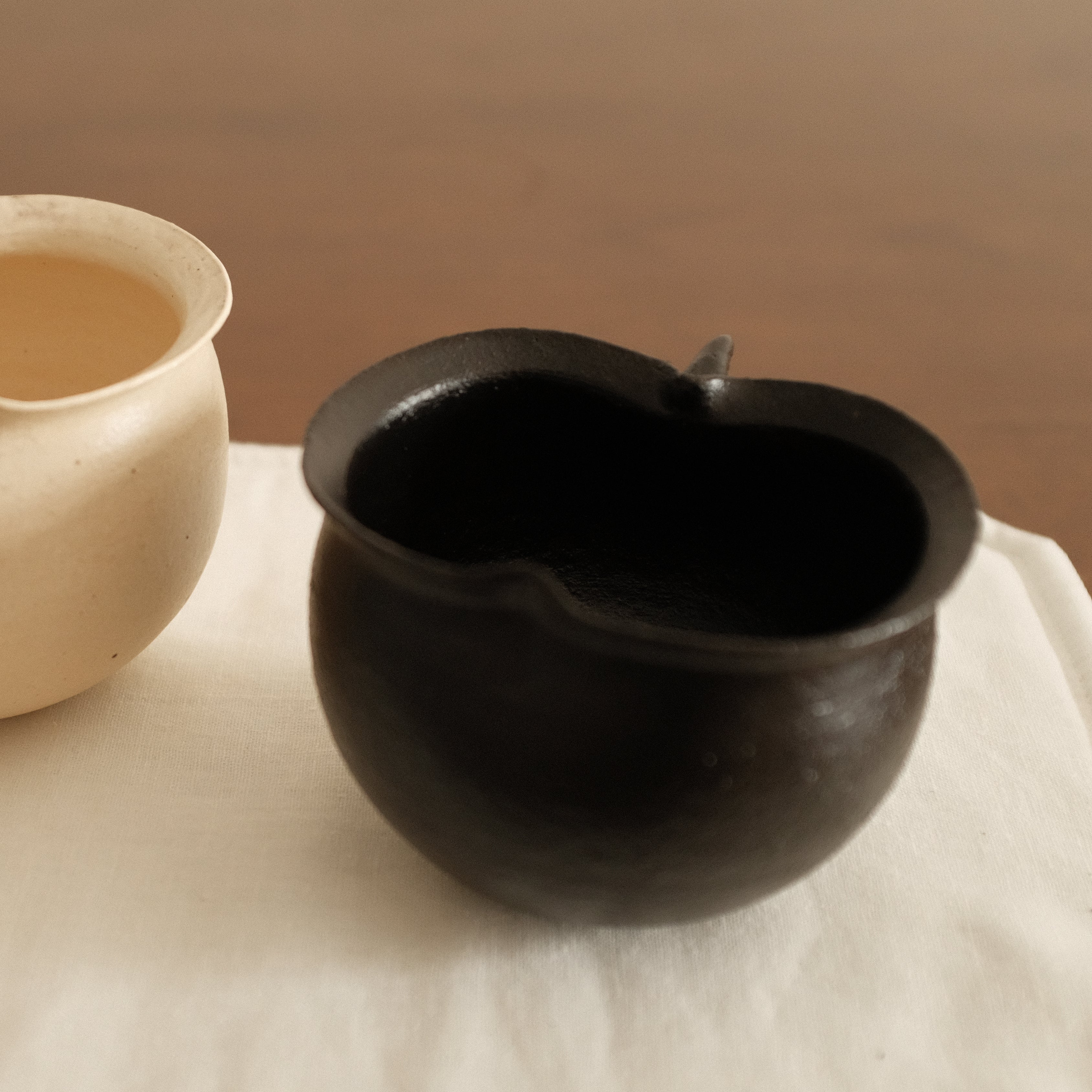 Yuli Handmade Ebony Black Apple Cup Bowl Black Glaze Underglaze Stoneware