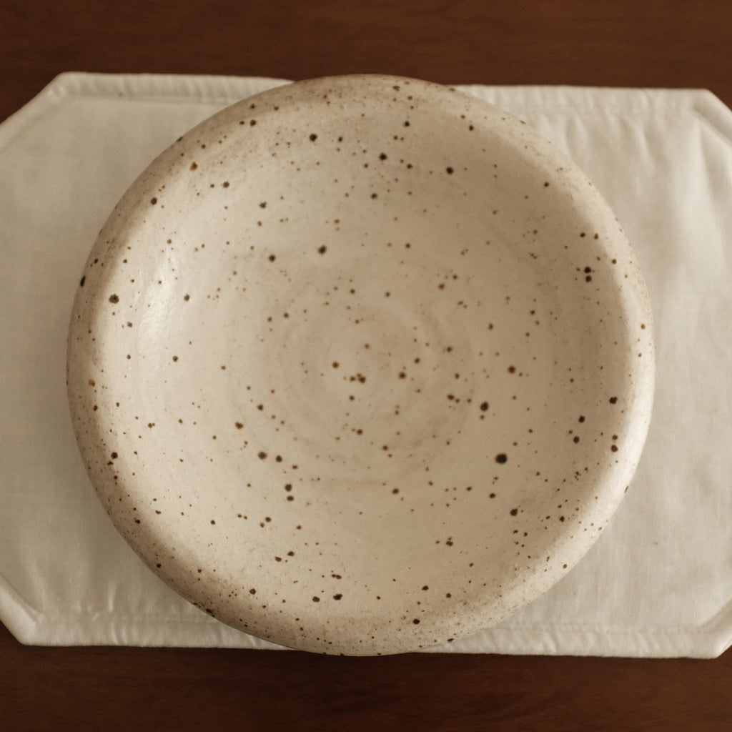 Yuli Handmade Speckled White Rolled Rim Deep Plate Dish Powdered Glaze Underglazed Stoneware