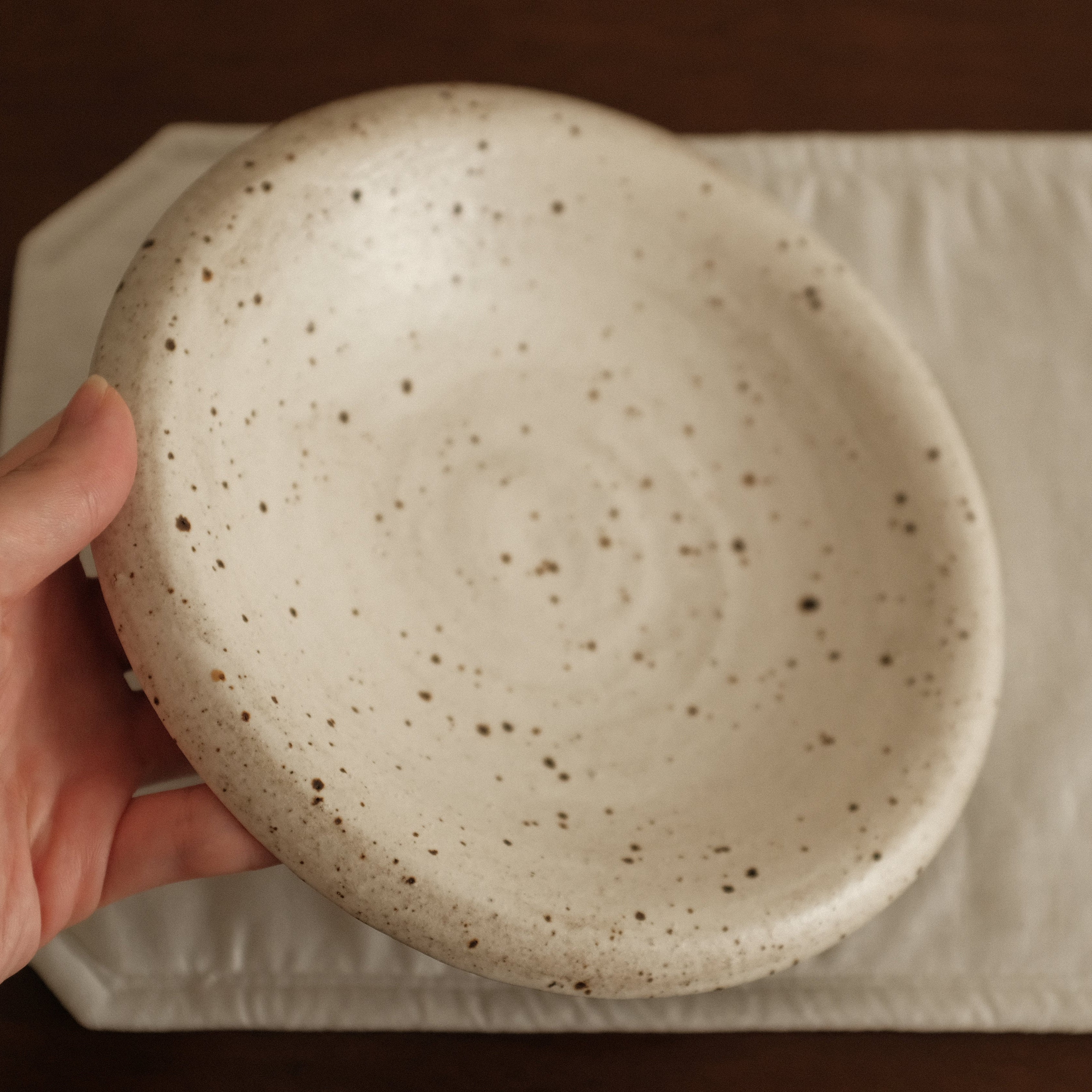 Yuli Handmade Speckled White Rolled Rim Deep Plate Dish Powdered Glaze Underglazed Stoneware