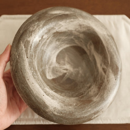 Yuli Handmade Speckled Grey White Rolled Rim Deep Plate Dish Powdered Glaze Underglazed Stoneware
