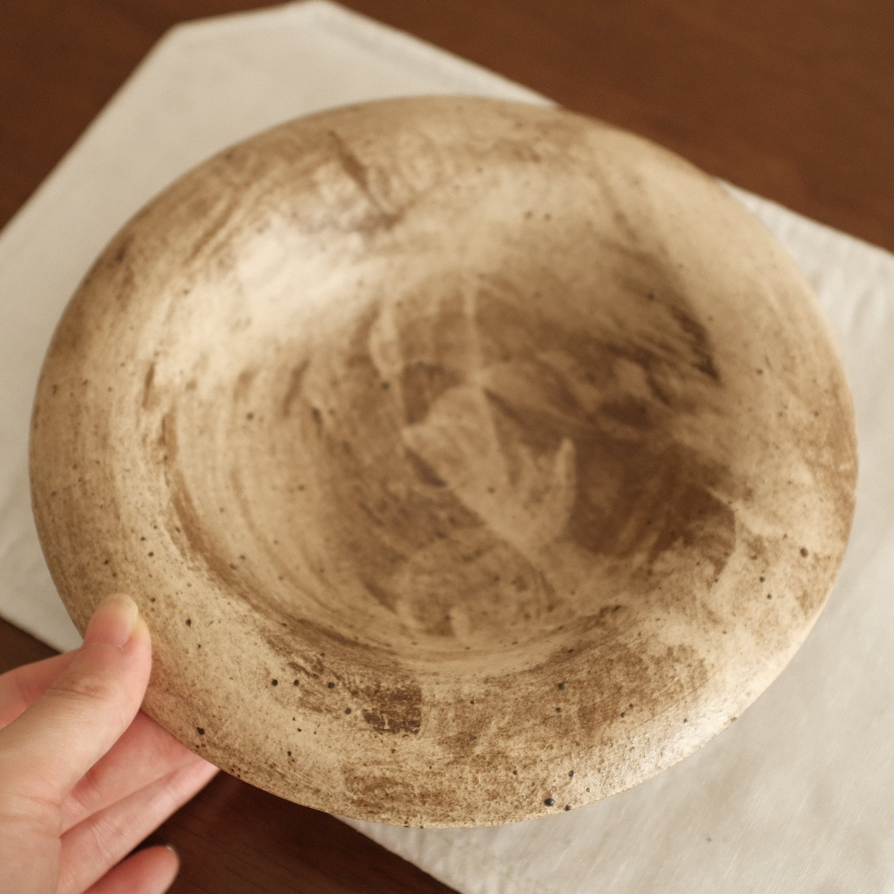 Yuli Handmade Speckled Mellow Brown Rolled Rim Deep Plate Dish Powdered Glaze Underglazed Stoneware