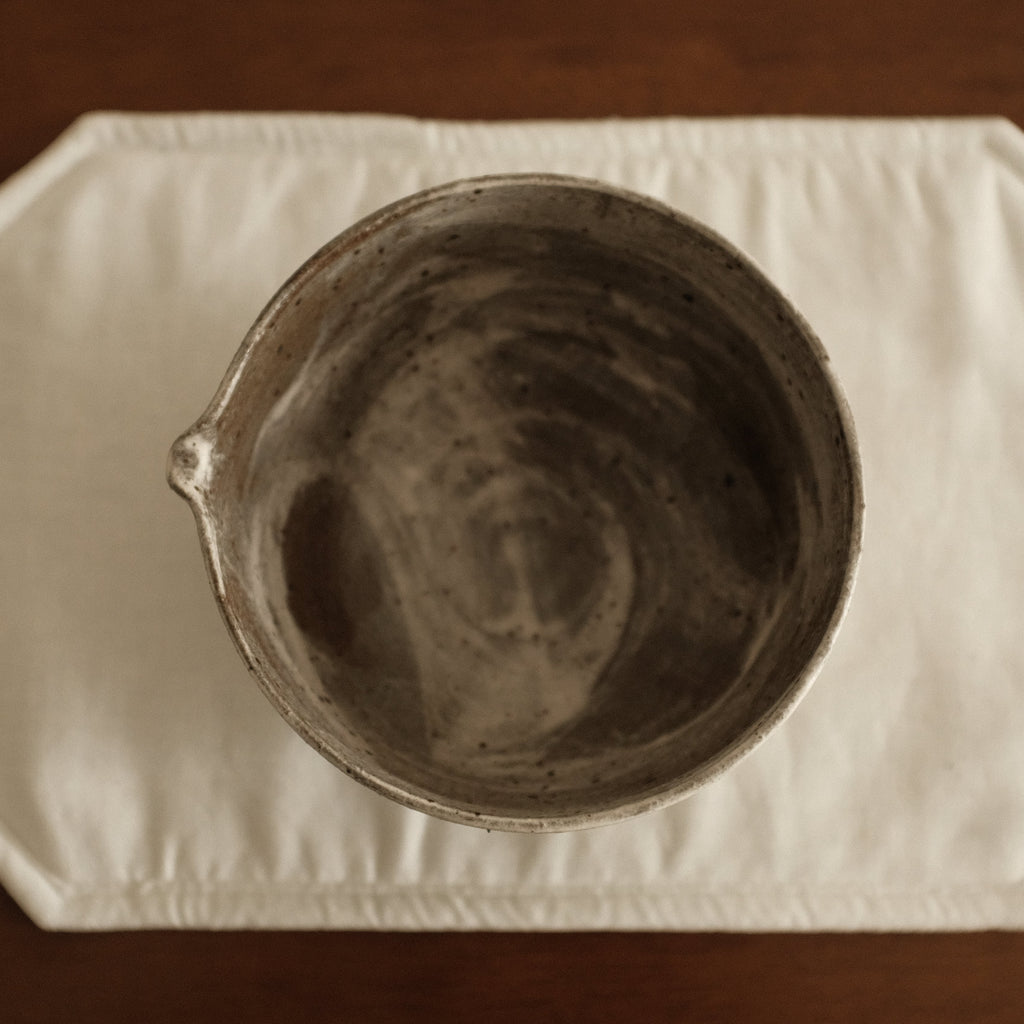 Yuli Handmade Speckled Grey White Katakuchi Chawan Matcha Bowl Powdered Glaze Underglaze Stoneware