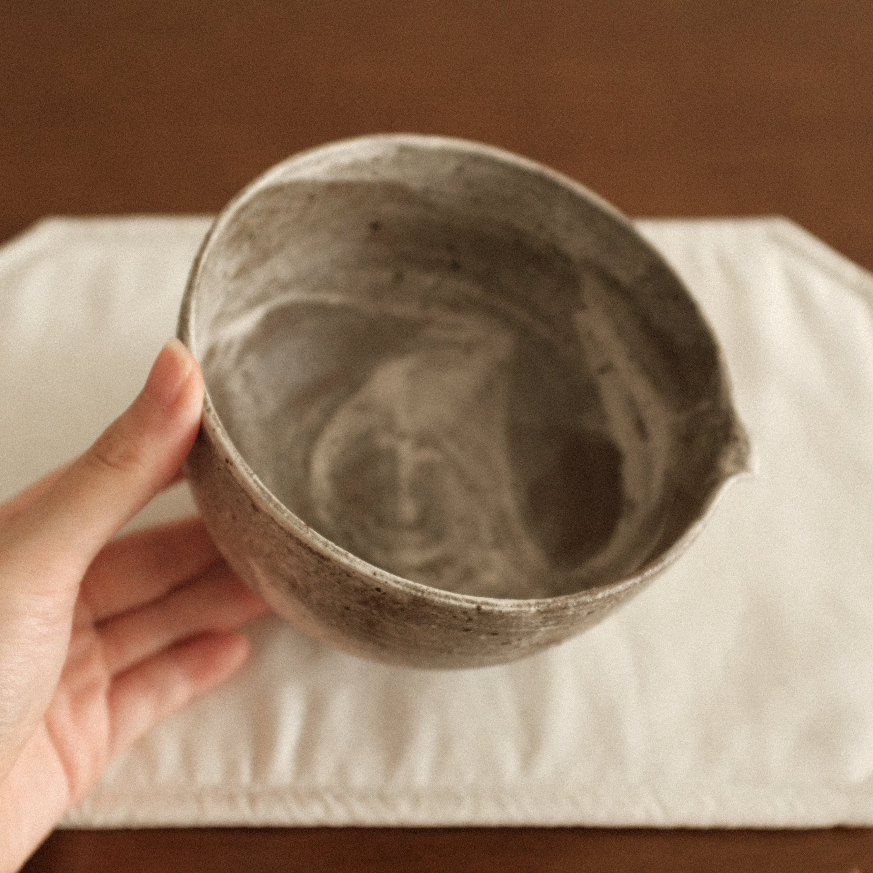 Yuli Handmade Speckled Grey White Katakuchi Chawan Matcha Bowl Powdered Glaze Underglaze Stoneware