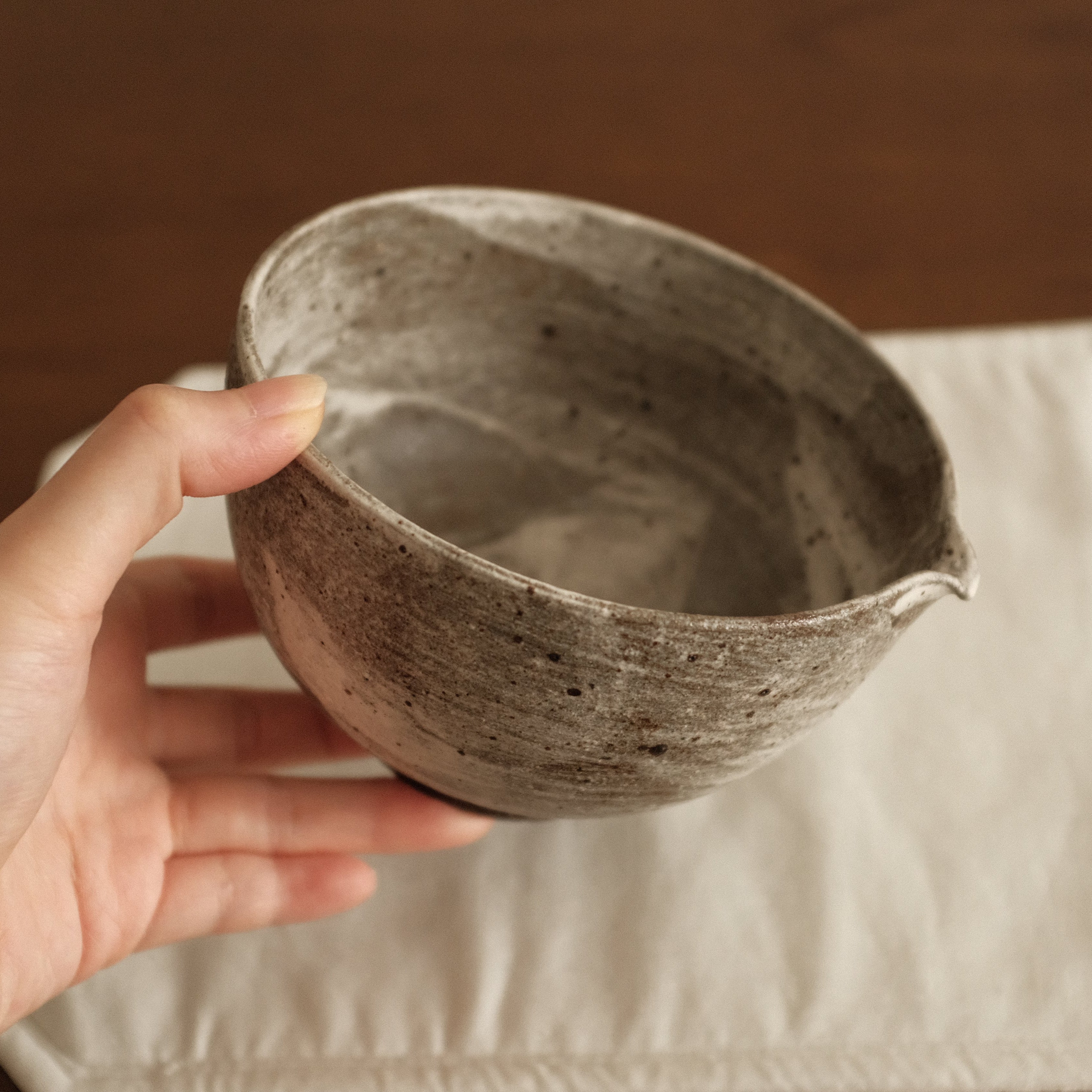 Yuli Handmade Speckled Grey White Katakuchi Chawan Matcha Bowl Powdered Glaze Underglaze Stoneware
