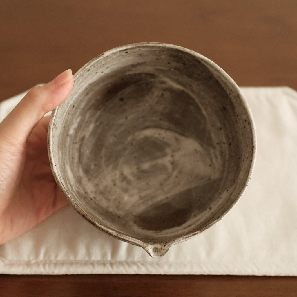 Yuli Handmade Speckled Grey White Katakuchi Chawan Matcha Bowl Powdered Glaze Underglaze Stoneware