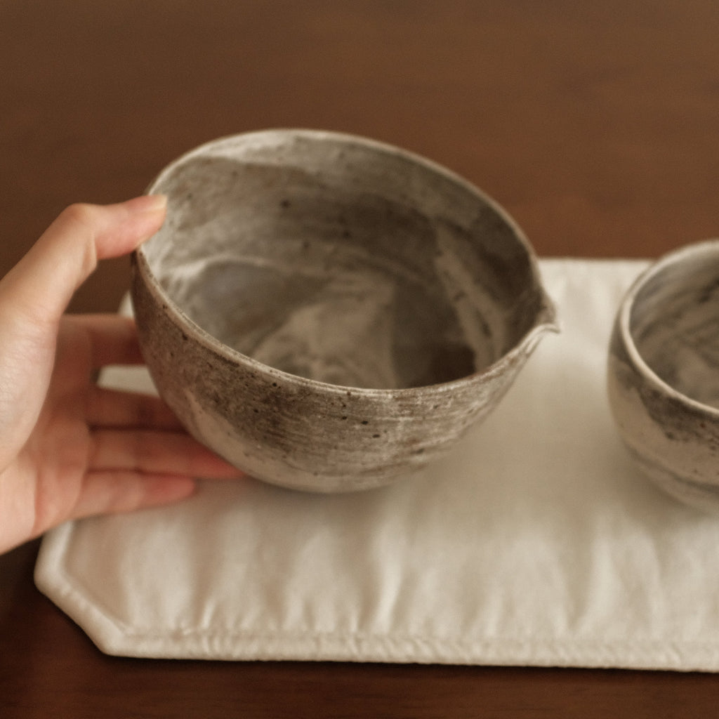 Yuli Handmade Speckled Grey White Katakuchi Chawan Matcha Bowl Powdered Glaze Underglaze Stoneware