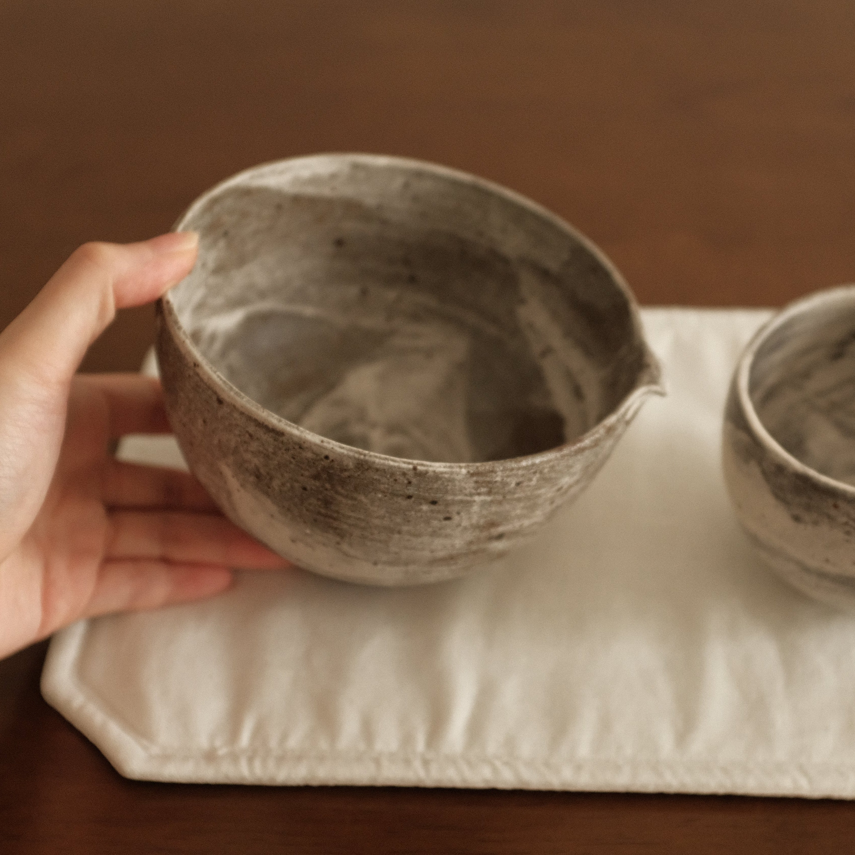 Yuli Handmade Speckled Grey White Katakuchi Chawan Matcha Bowl Powdered Glaze Underglaze Stoneware