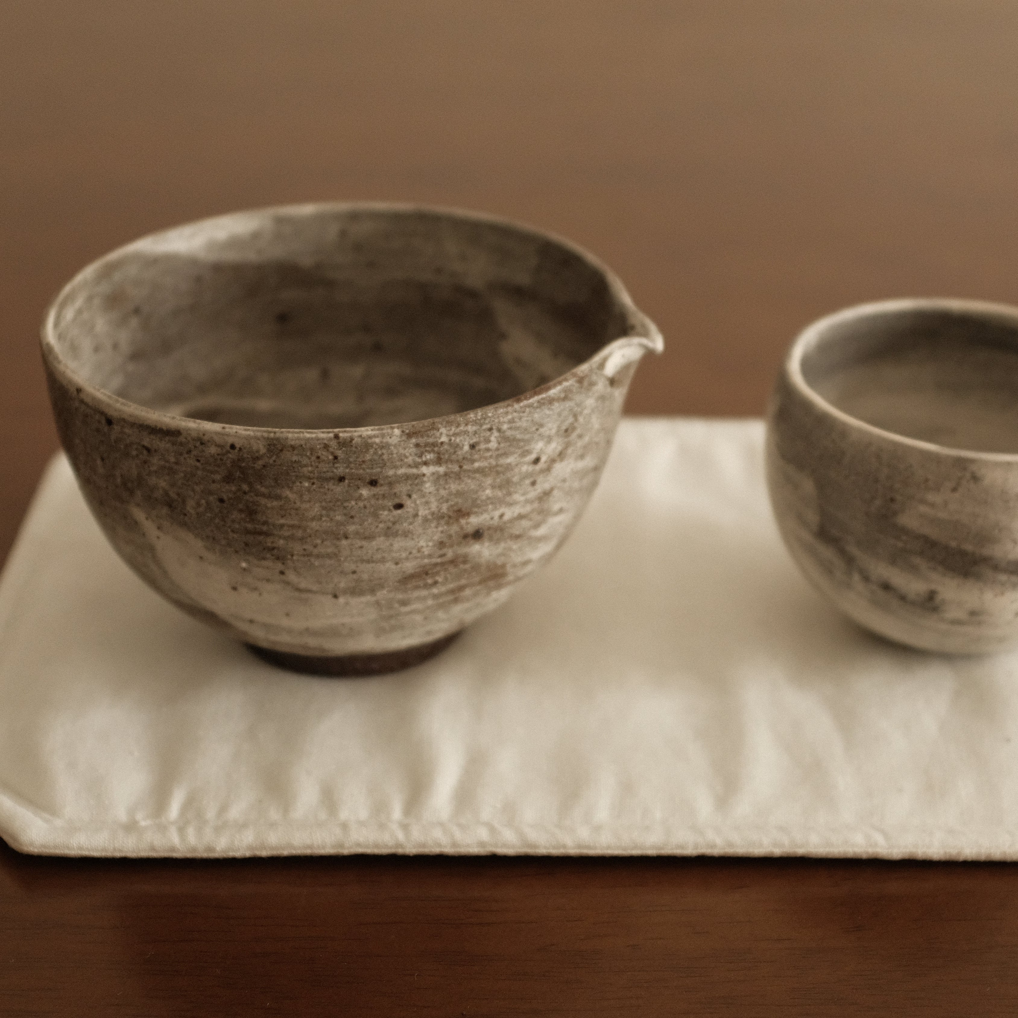 Yuli Handmade Speckled Grey White Katakuchi Chawan Matcha Bowl Powdered Glaze Underglaze Stoneware