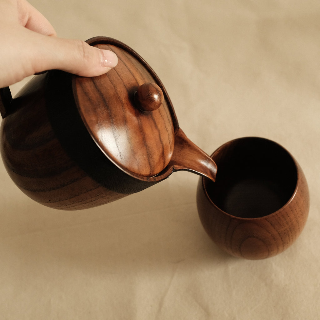 Asanuno Hemp Fabric Covered Wooden Teapot with Egg Shape Wooden Cup Norawan Set